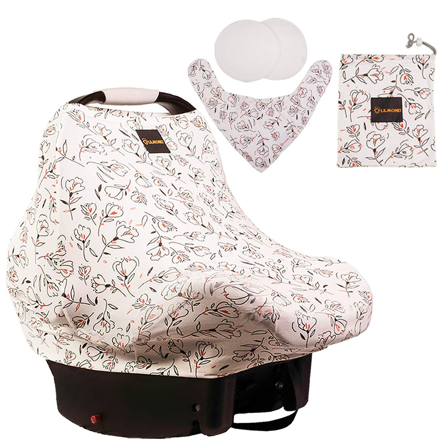 Lilmonki Nursing Scarf Multi-Use – Breathable Car Seat, Stroller, and Cart Cover for Babies – Colorful Tulip Print – Bandana Bib, Pouch & Nursing Pads Included