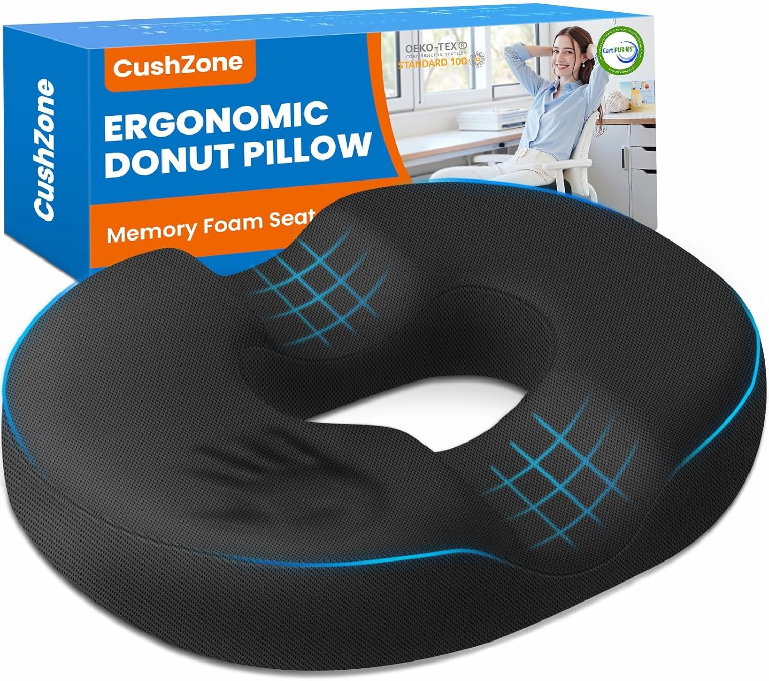 CushZone Donut Pillow Seat Cushion for Postpartum Pregnancy, Large Ergonomic Chair Seat Cushions, Office Chair Cushion, Breathable Hemorrhoid Pillow, Lifting Chair Pads for After Surgery(Black)