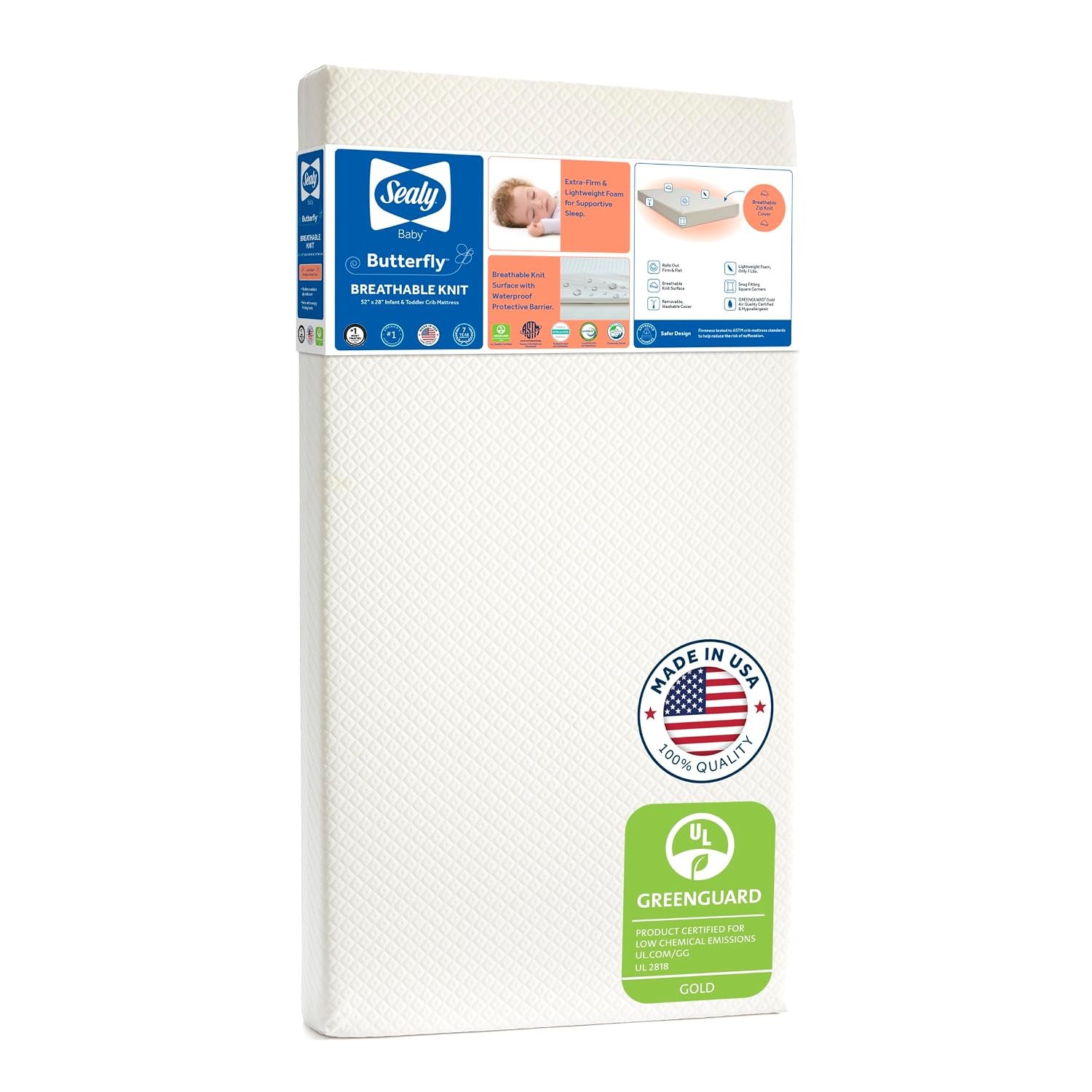 Sealy Baby Infant & Toddler Crib Mattress – Butterfly Knit Premium Foam, Waterproof and Breathable, Non Toxic Washable Zip off Cover, GREENGUARD GOLD Certified, Made in USA, 52×28