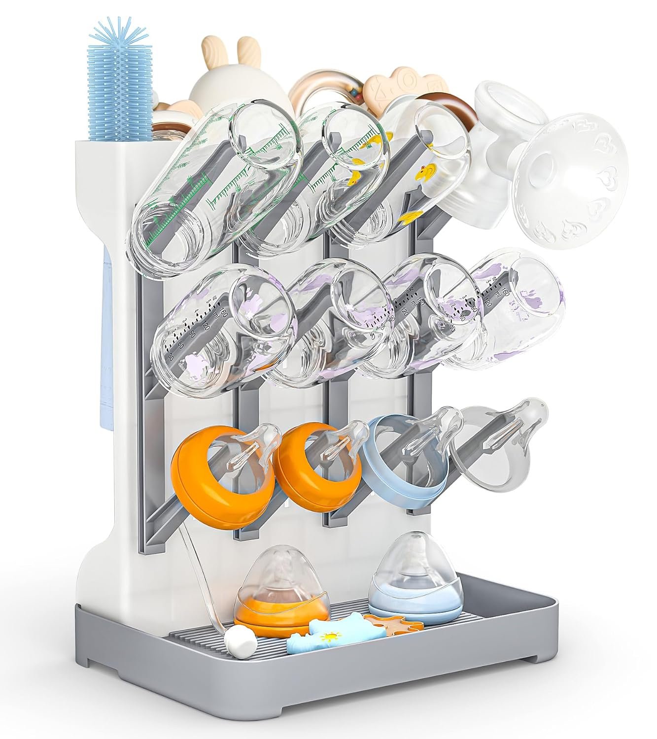 GoMaihe Baby Bottle Drying Rack: Space Saving Vertical Bottle Dryer Holder – Newborn Accessories Storage Stand Organize Brushes Pacifiers on Countertop – BPA-Free – Gray
