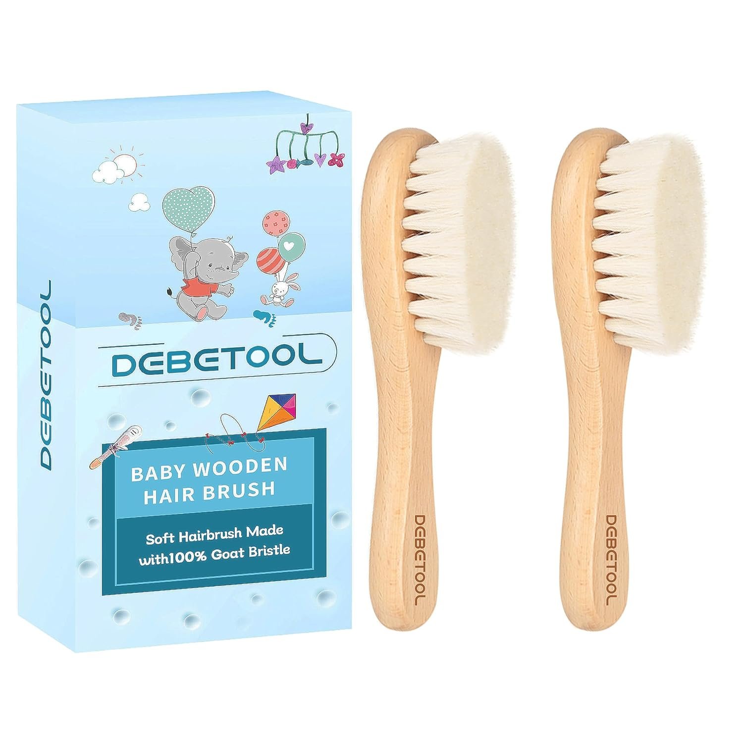 DEBETOOL Baby Hair Brush, 2 Packs – Natural Wooden Brush with Premium Goat Bristle, Ideal for Newborns & Toddlers, Promotes Healthy Hair Growth, Prevents Scalp Irritation, Off-white