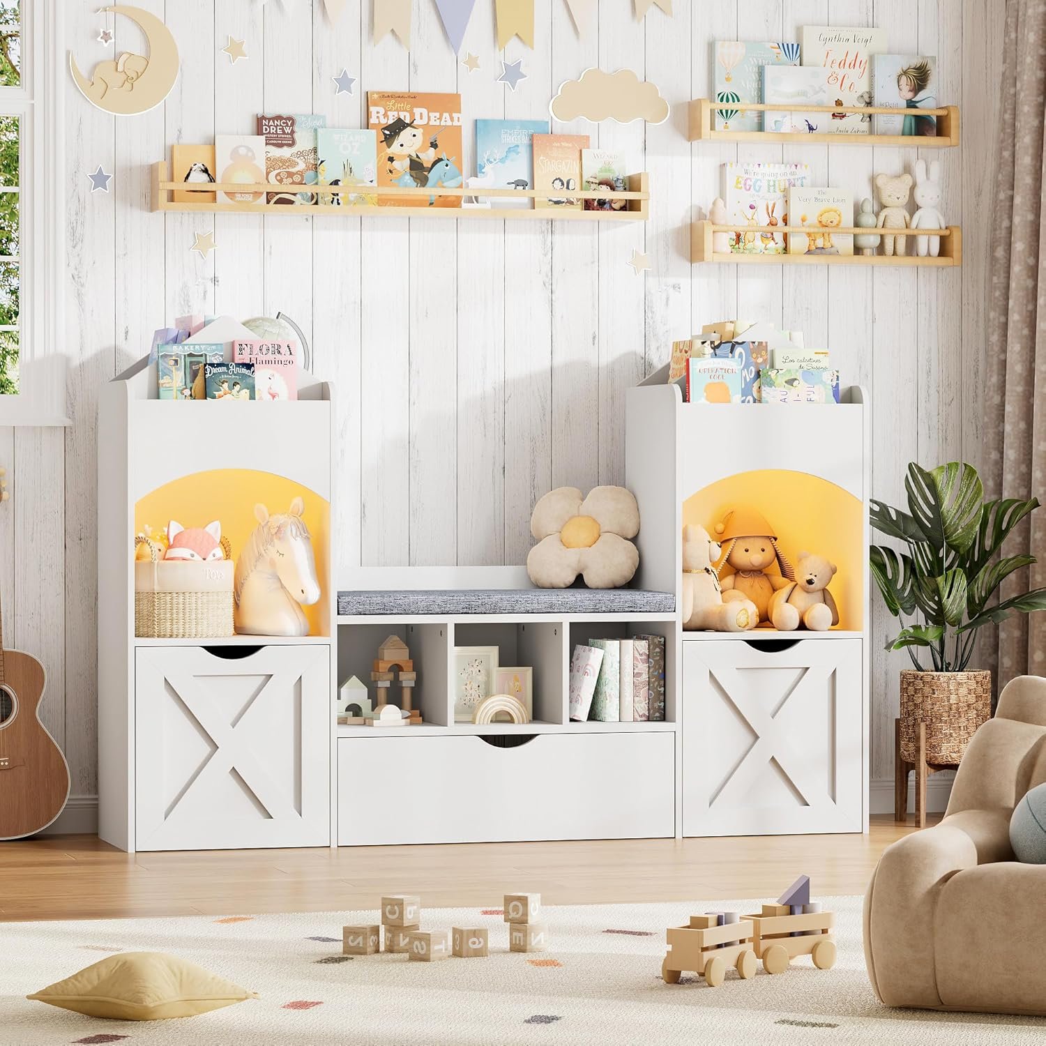 Halitta Kids Castle Shaped Bookshelf with Reading Nook, Toy Storage Organizer with LED Lights, Bookcase with 3 Removable Drawers and 5 Cubbies for Nursery, Kids Room and Bedroom (White)