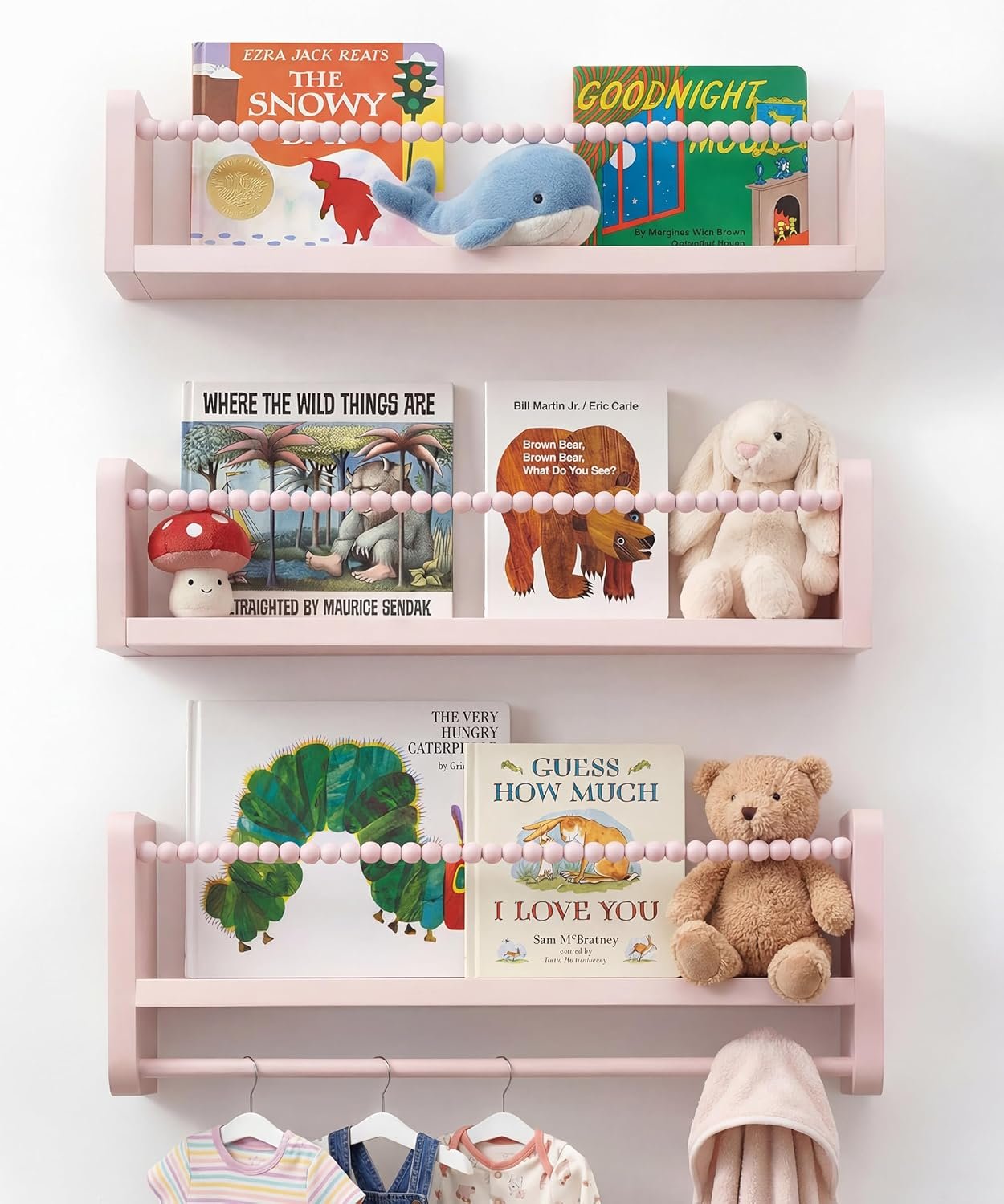 Nursery Book Shelves for Wall Set of 3, Pink Natural Wood Bookshelf Wall Decor, Small Floating Shelf Organizer for Kids Room, Bedroom, Kitchen Spice Rack