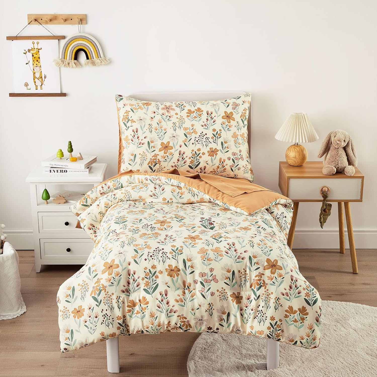 Wake In Cloud – Floral Toddler Bedding Set for Girls, Cute Colorful Botanical Flowers, 4 Pieces Soft Crib Bed Set Including Comforter, Sheets and Pillowcase, Orange Cream