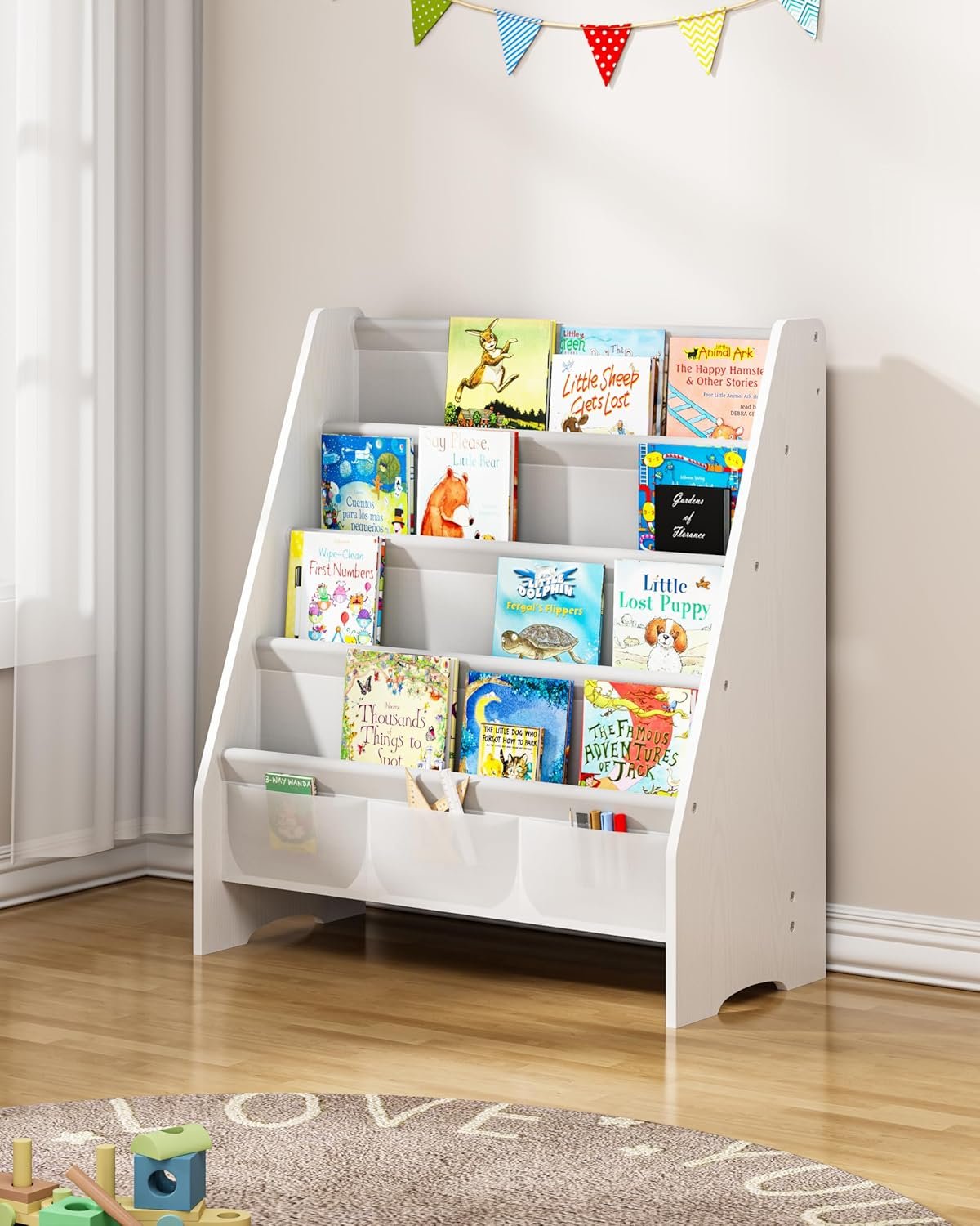 SEIRIONE Sturdy Kids Bookshelf, 4-Tier Book Shelf for Kids Room with Oxford Fabric-Nursery Room Playroom Classroom, Deep Slings to Keep Books Upright, Ideal Height for Toddler Age 3+, Matte White
