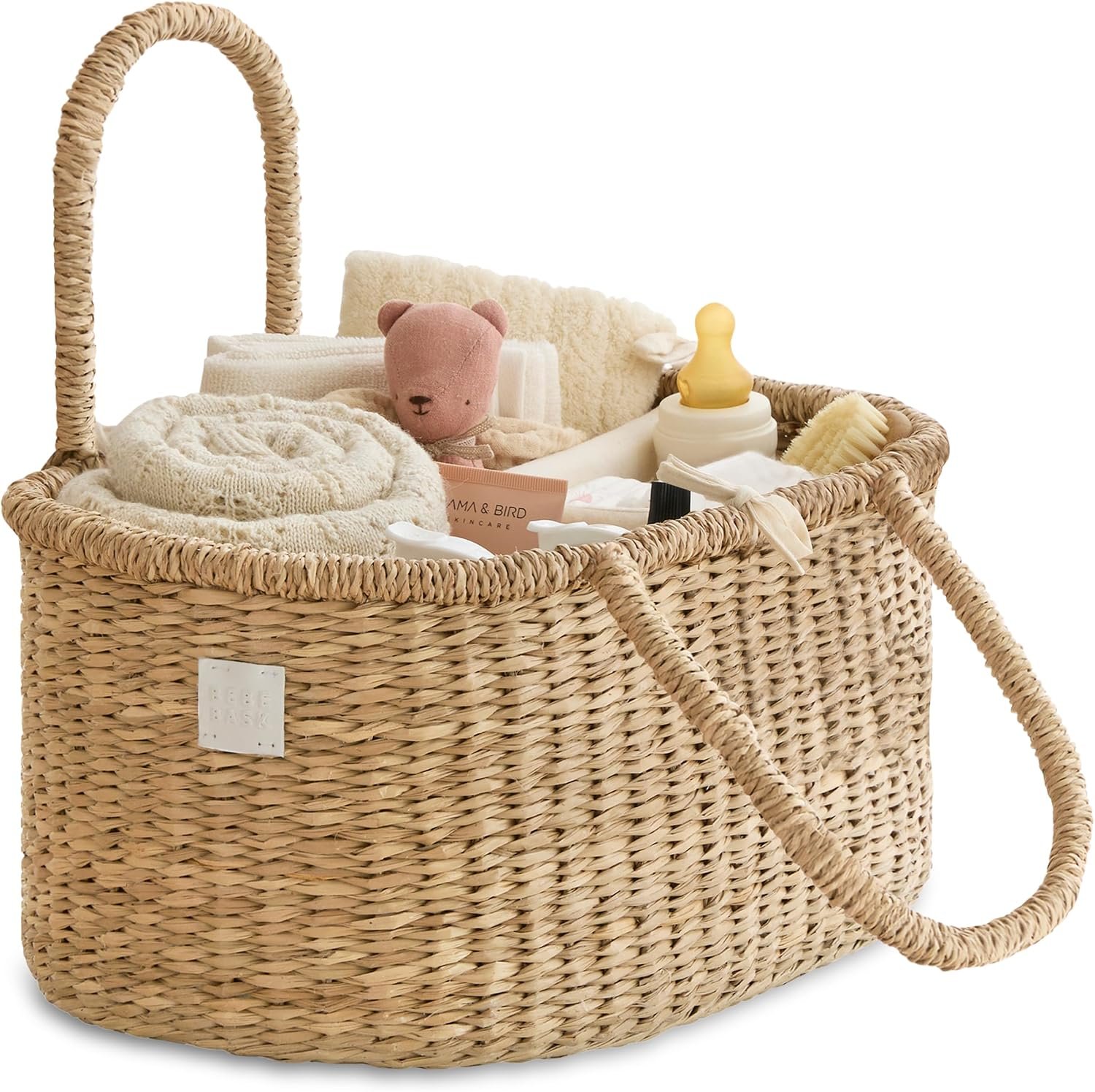 BEBE BASK Premium Baby Diaper Caddy Organizer – Artisan-Made Seagrass Basket With Cotton Divider – Award-Winning & Luxury Diaper Caddy Basket (ROSA)