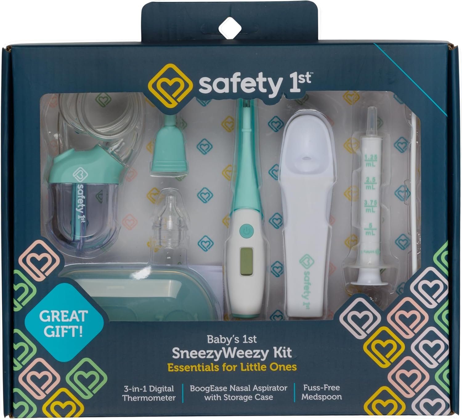 Safety 1st Baby’s 1st SneezyWeezy Kit, Sick Baby Essentials, BoogEase Nasal Aspirator, 3-in-1 Digital Thermometer, Medspoon, Infant Set, Easy-Clean, Medicine Feeding Spoon