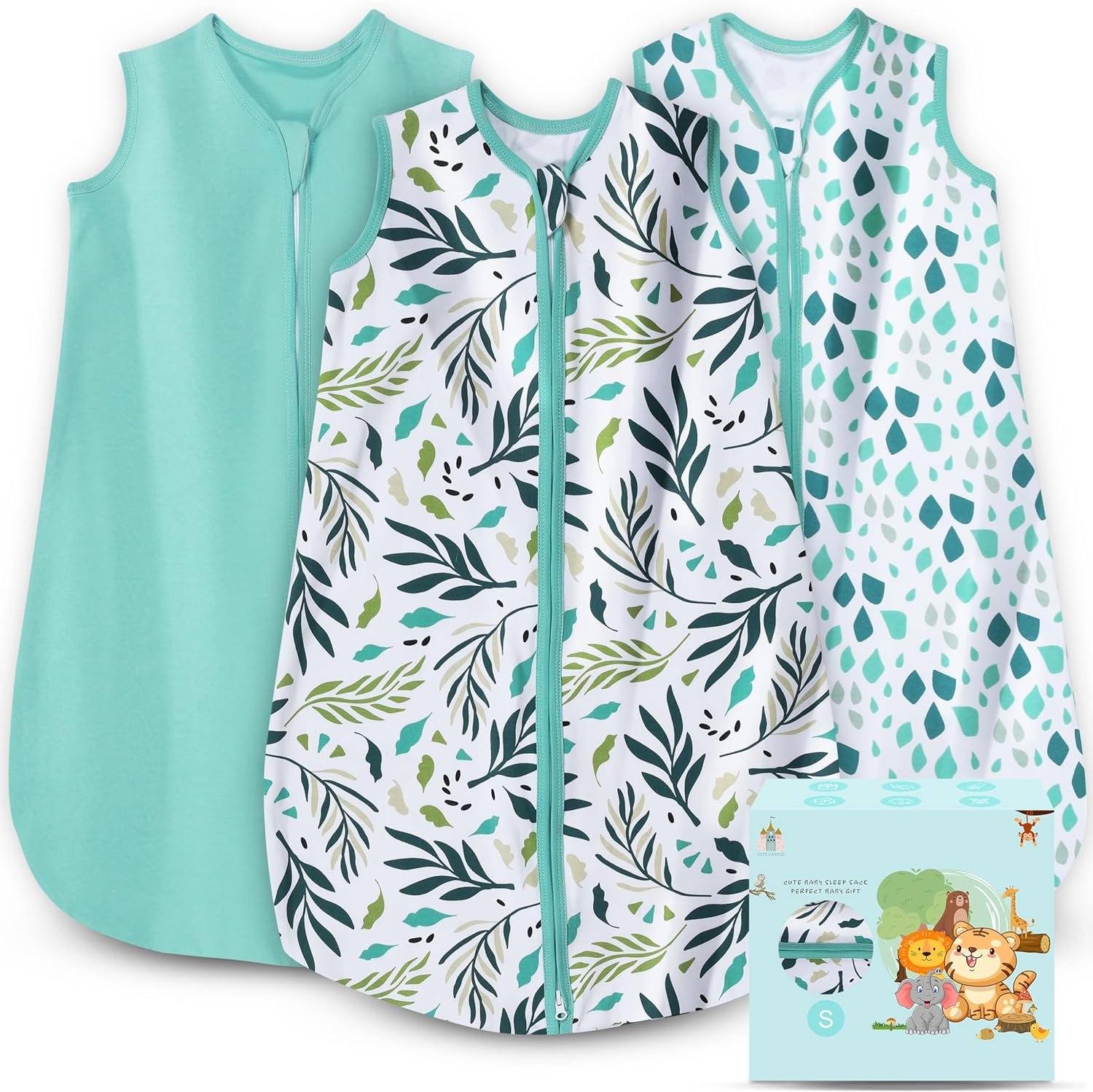 Cute Castle Baby Sleep Sack 0-6 Months – Lightweight 100% Cotton 2-Way Zipper TOG 0.5 Infant Wearable Blanket, Newborn Essentials Toddler Sleep Clothes (3 Pack Green)