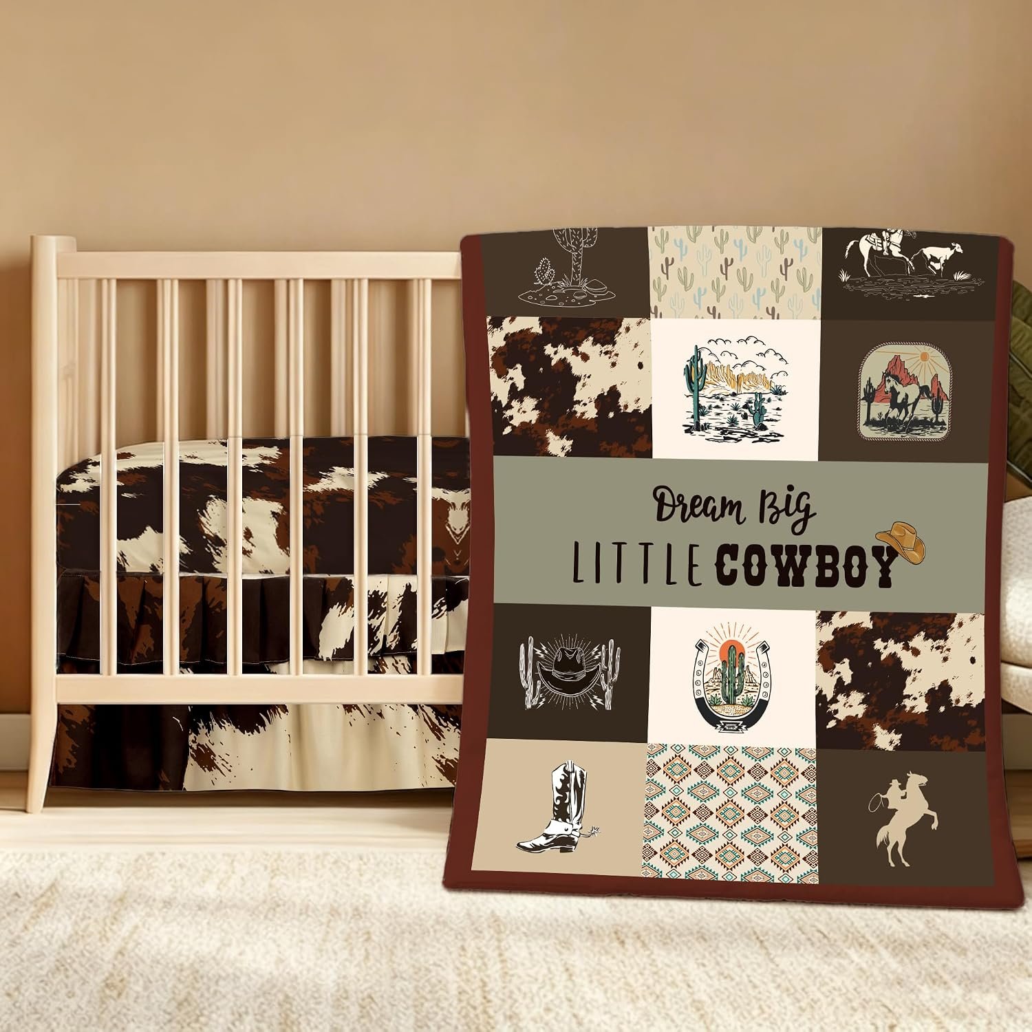 3 Piece Patchwork Western Crib Bedding Set for Boys Girls, Cow Print Baby Bedding Sets, Western Nursery Decor Soft Baby Bed Set Includes Quilt Fitted Crib Sheet Ruffled Bed Skirt(Cowboys)