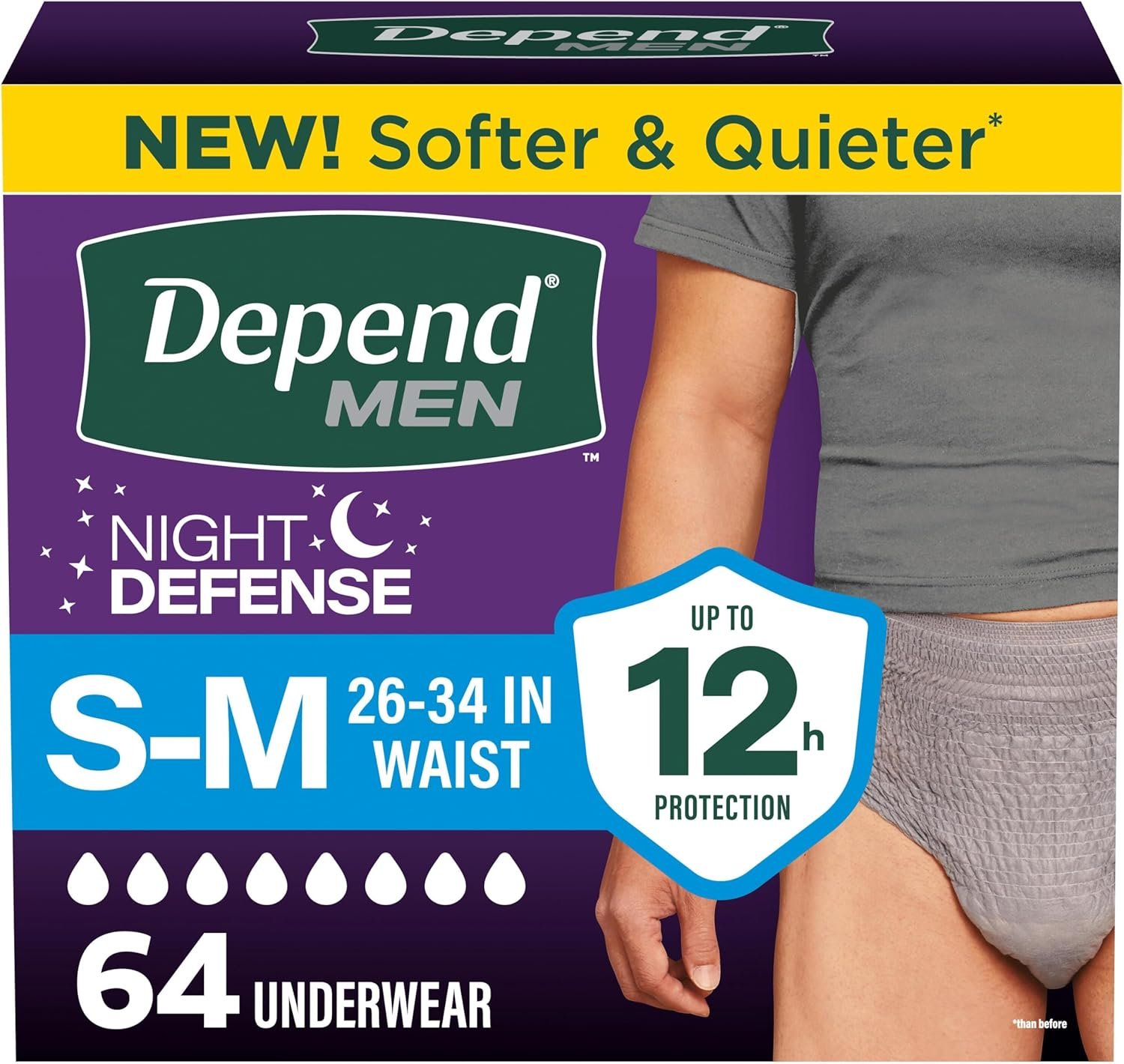 Depend Night Defense Adult Diapers, Incontinence Underwear for Men, Disposable, Overnight, Small/Medium, Grey, 64 Count (4 Packs of 16), Packaging May Vary