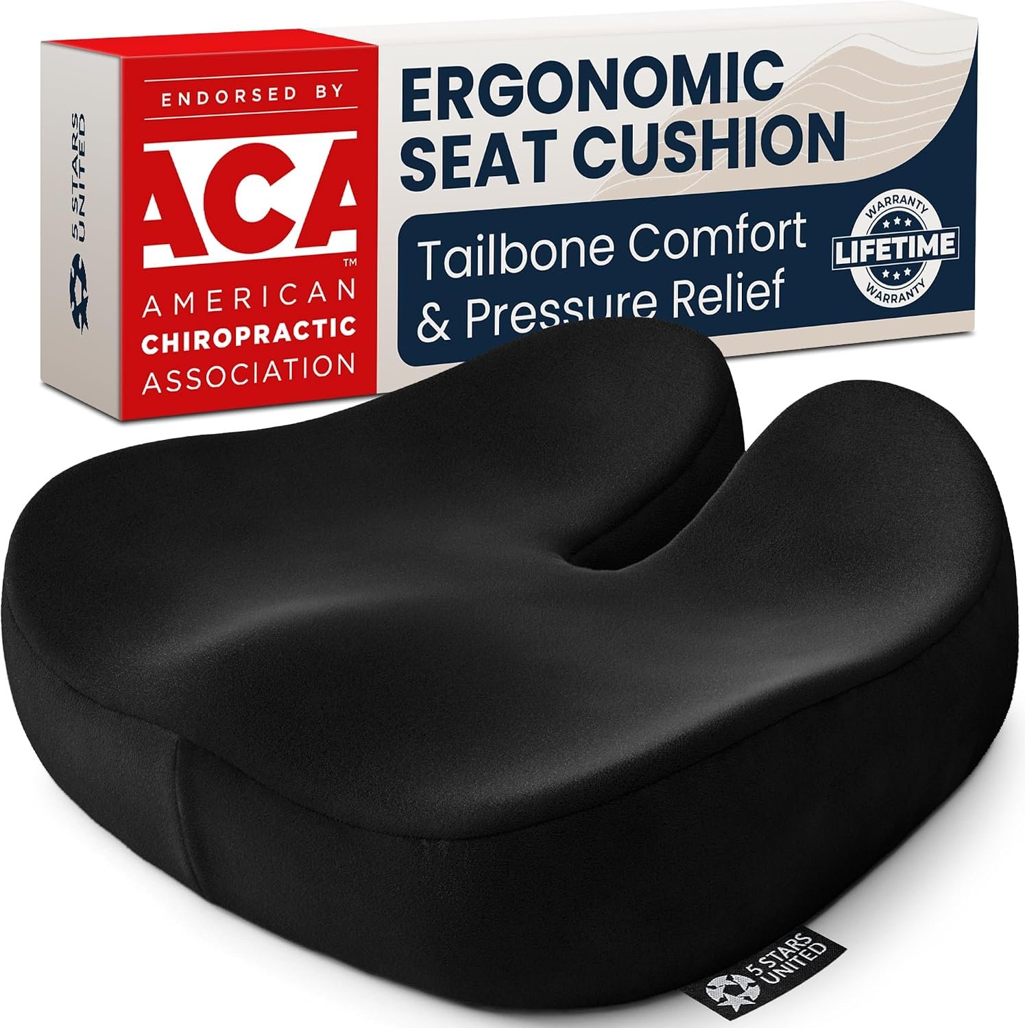 5 STARS UNITED Seat Cushion – Memory Foam Chair Cushion for Tailbone Pain Relief – Ergonomic Support for Coccyx, Sciatica & Butt – Office, Desk & Gaming Chair, Car Seat, Wheelchair, Black Suede