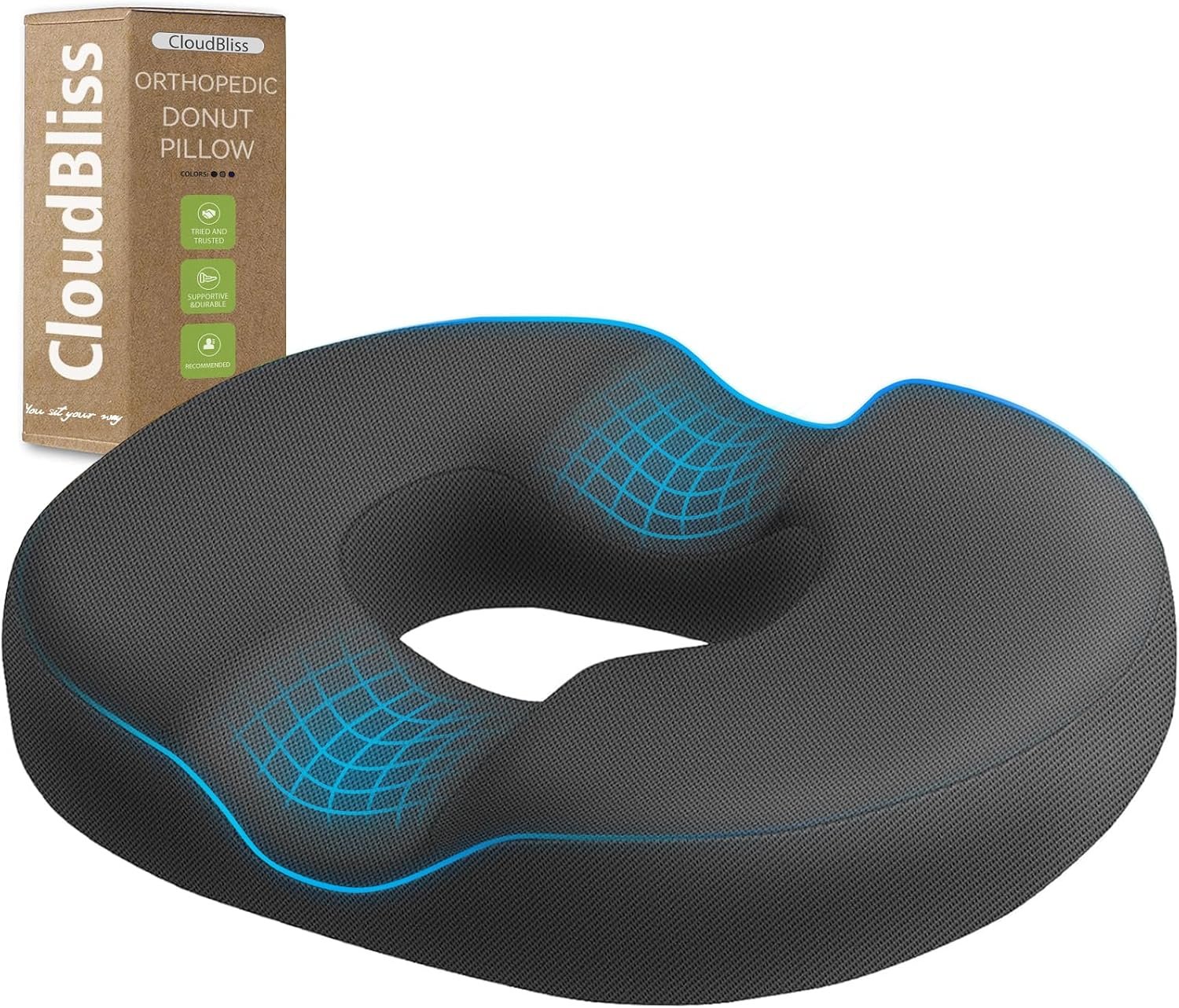 CloudBliss Donut Pillow Stadium Seat Cushion for Tailbone Pain Relief and Hemorrhoids, Memory Foam Seat Chair Cushion, Portable Seat Cushions for Bleachers, Car, Home & Office