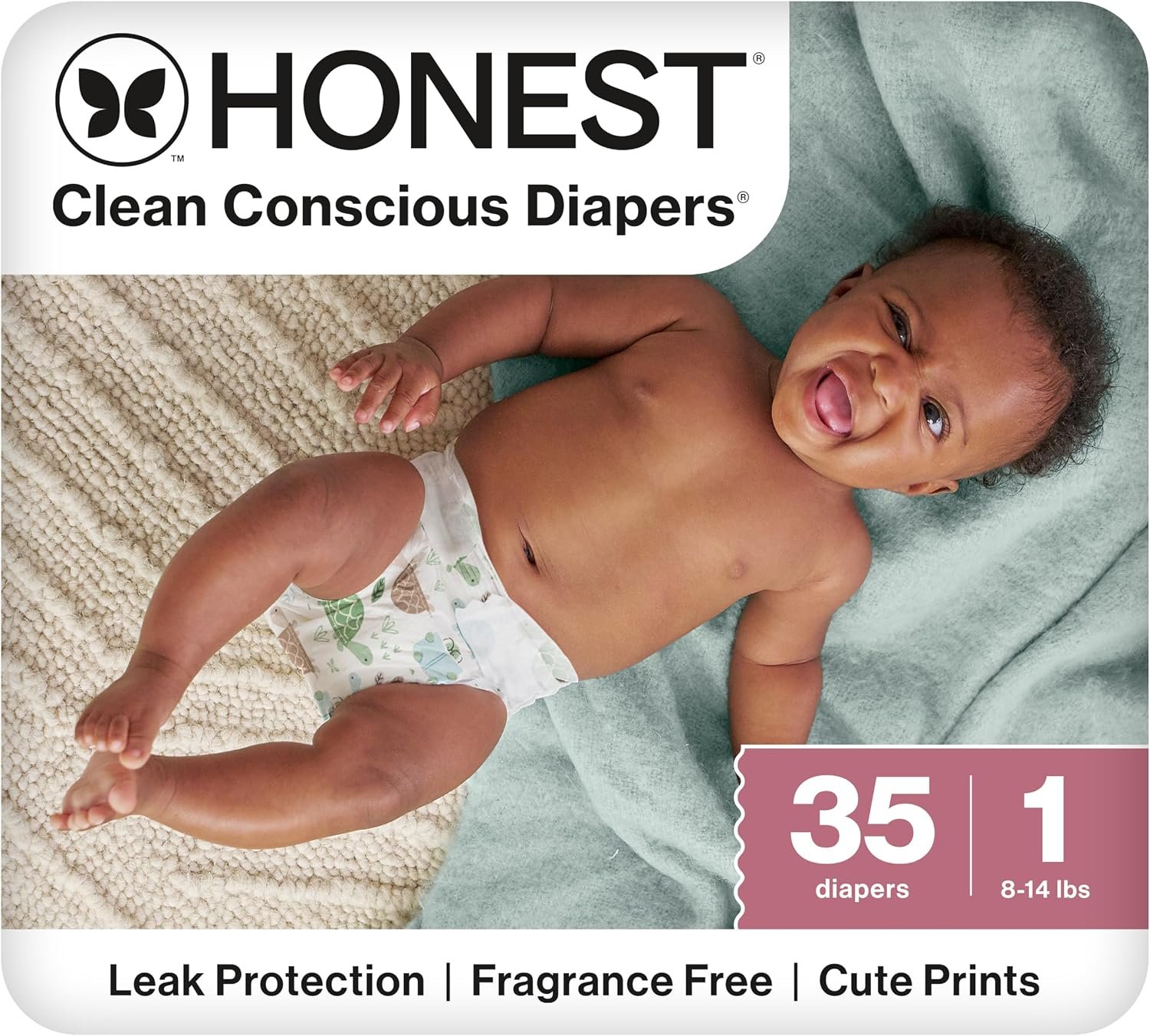 The Honest Company Comfort Dry Disposable Daytime Diapers for Sensitive Skin, Up to 100% Leakproof, Hypoallergenic, Fragrance Free, Turtle Time, Polybag, Size 1 (8-14 lbs), 35 Count