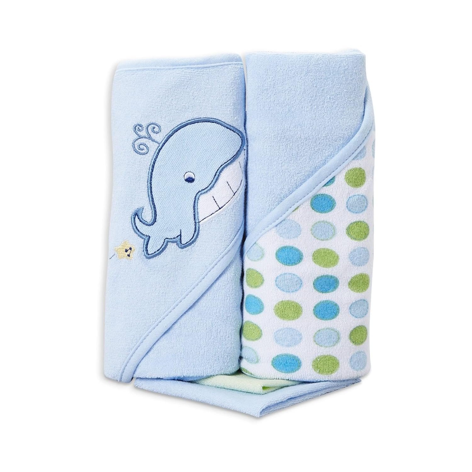 Spasilk Bath Hooded Towels & Washcloths Set for Babies, 2 Hooded Terry Bath Towels & 2 Washcloths, Blue Whale