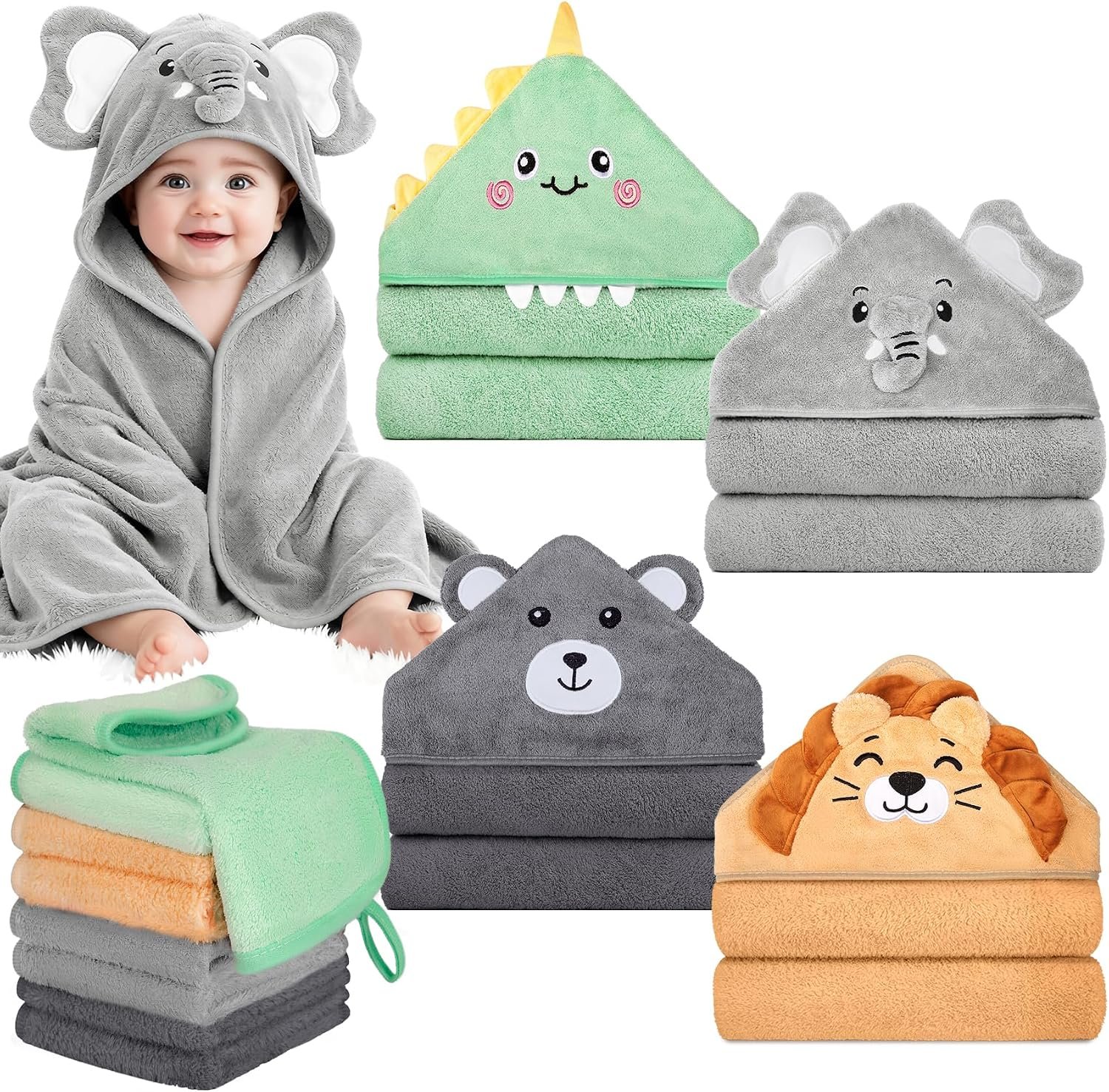 12 PCS Baby Bath Towels Set, Baby Towels for Newborn Bath Essentials | Ultra Soft Cozy, Thick & Absorbent, Cute Animal Hooded, 4 PCS Baby Towels & 8 PCS Washcloths, for Infants, Toddlers Boy Girl