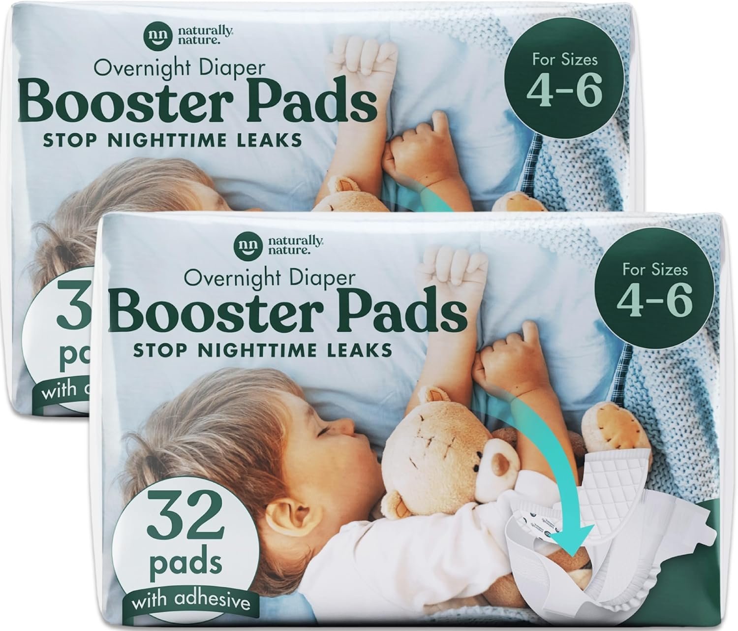 Naturally Nature Overnight Diaper Booster Pads, Stops Overnight Leaking, Diaper Liners for Toddler, Nighttime Diapers Size 5, Adhesive Pad for Girls, Boys, (2 Packs of 32 ct.)