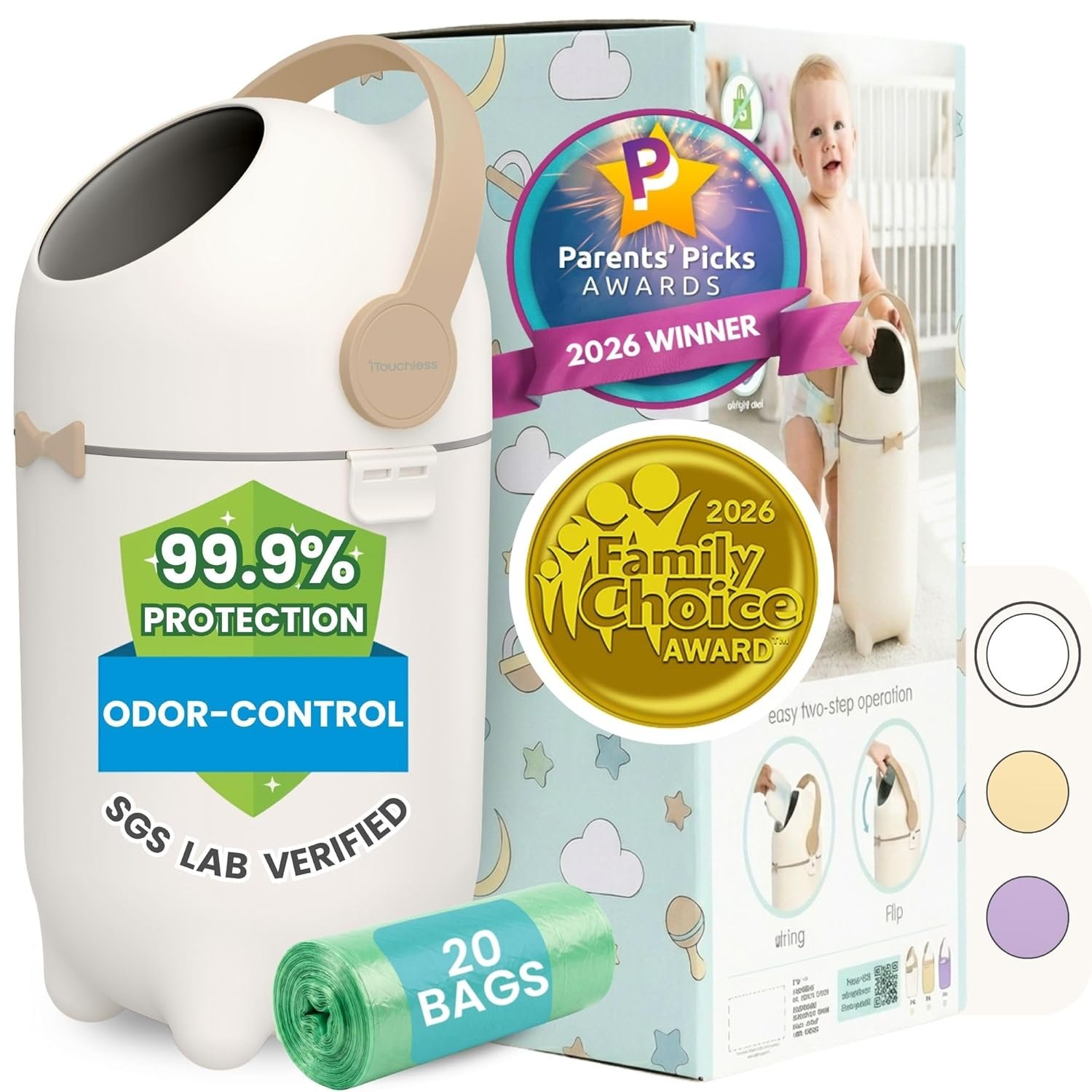 iTouchless Odor-Locking Diaper Pail – 2026 Award-Winning Ag+ Silver Ion Nursery Bin – Fits Any Bag, No Refills Needed – Includes 20 Leak-Proof Bags (Hold 300 Diapers) – Boho White Baby Registry Gift