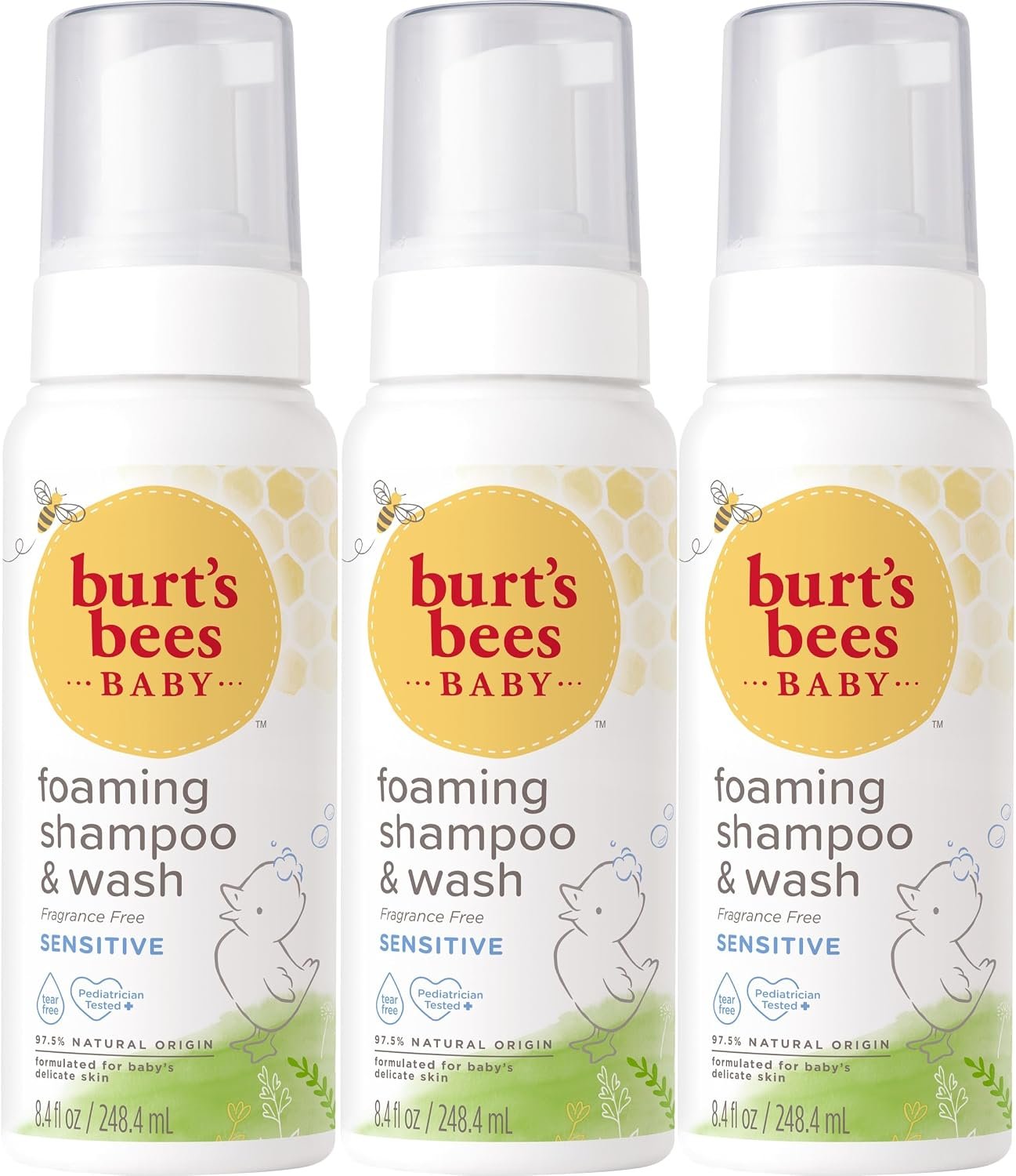 Burt’s Bees Baby Sensitive Foaming Shampoo and Wash, Fragrance Free, Tear Free, Pediatrician Tested, 97.5% Natural Origin, 8.4 Fluid Ounces, Pack of 3