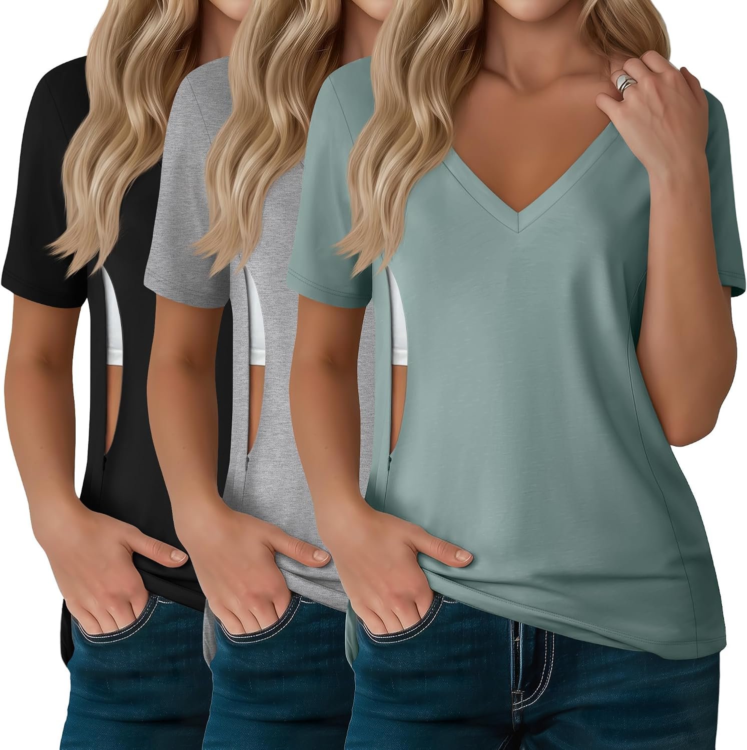 3 Pack Women’s Nursing Tops, Hidden Zipper Nursing Shirts for Breastfeeding & Pumping V Neck Short Sleeve Shirts
