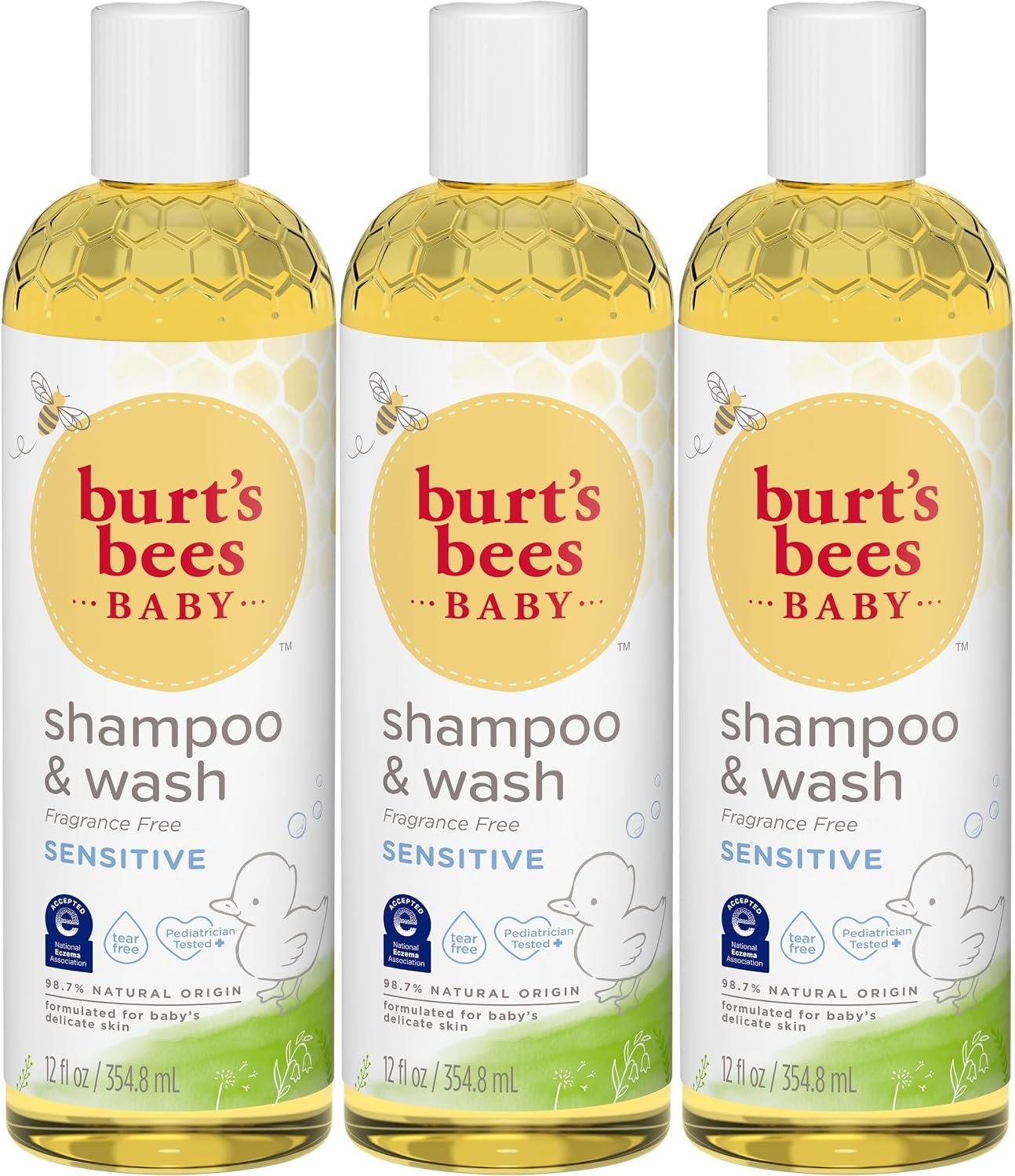Burt’s Bees Baby Shampoo & Wash, Fragrance Free & Tear Free Baby Soap – 12 Ounce Bottle, Pack of 3