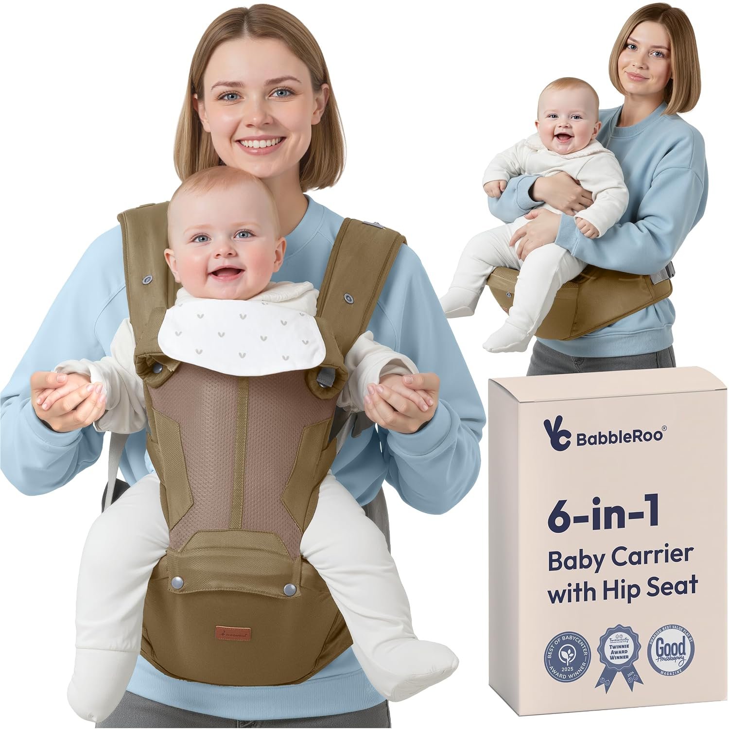 BabbleRoo 6-in-1 Baby Carrier with Hip Seat, Ergonomic Newborn to Toddler Carrier 7–50 lbs, Front Back Hip Carry, Lumbar Support, Sun Hood, Safety-Certified, Warm Taupe