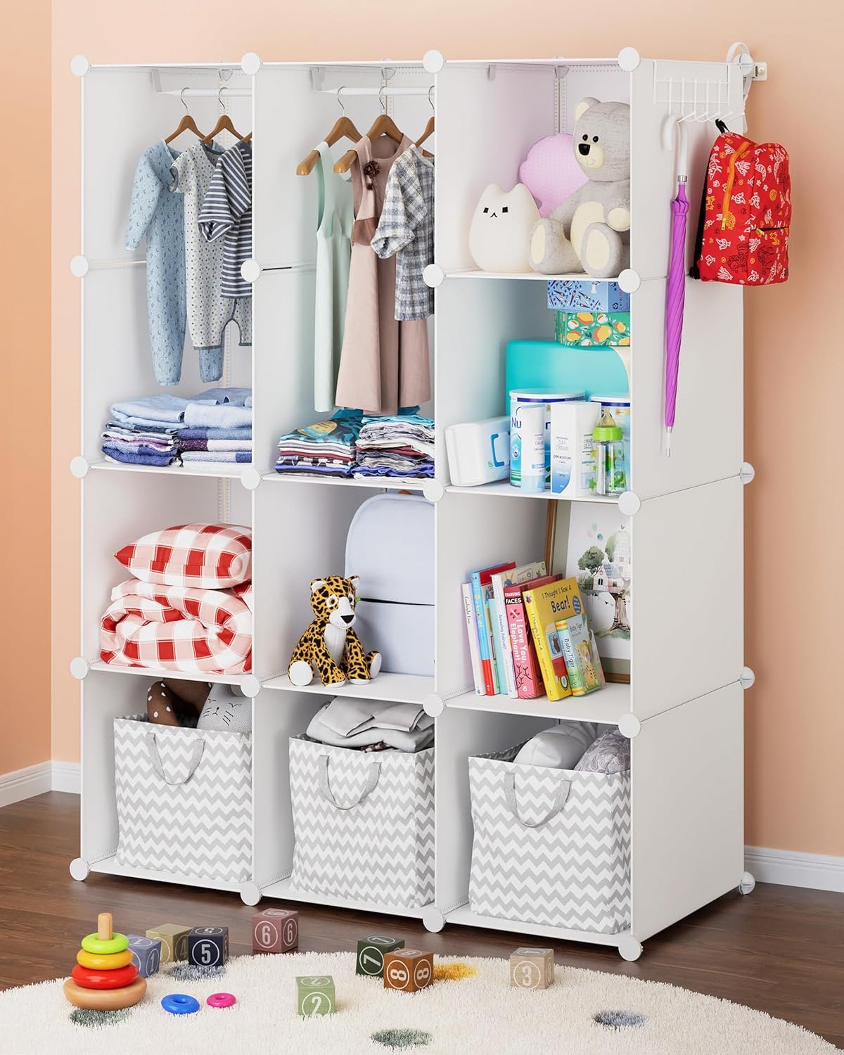 CUBEDIY Baby Closet Organizer for Nursery: Durable Baby Wardrobe for Closet – Customizable Baby Dresser Amoire Shelves – Waterproof Shelf Clothes Organizer w/Wall Fixation (White)