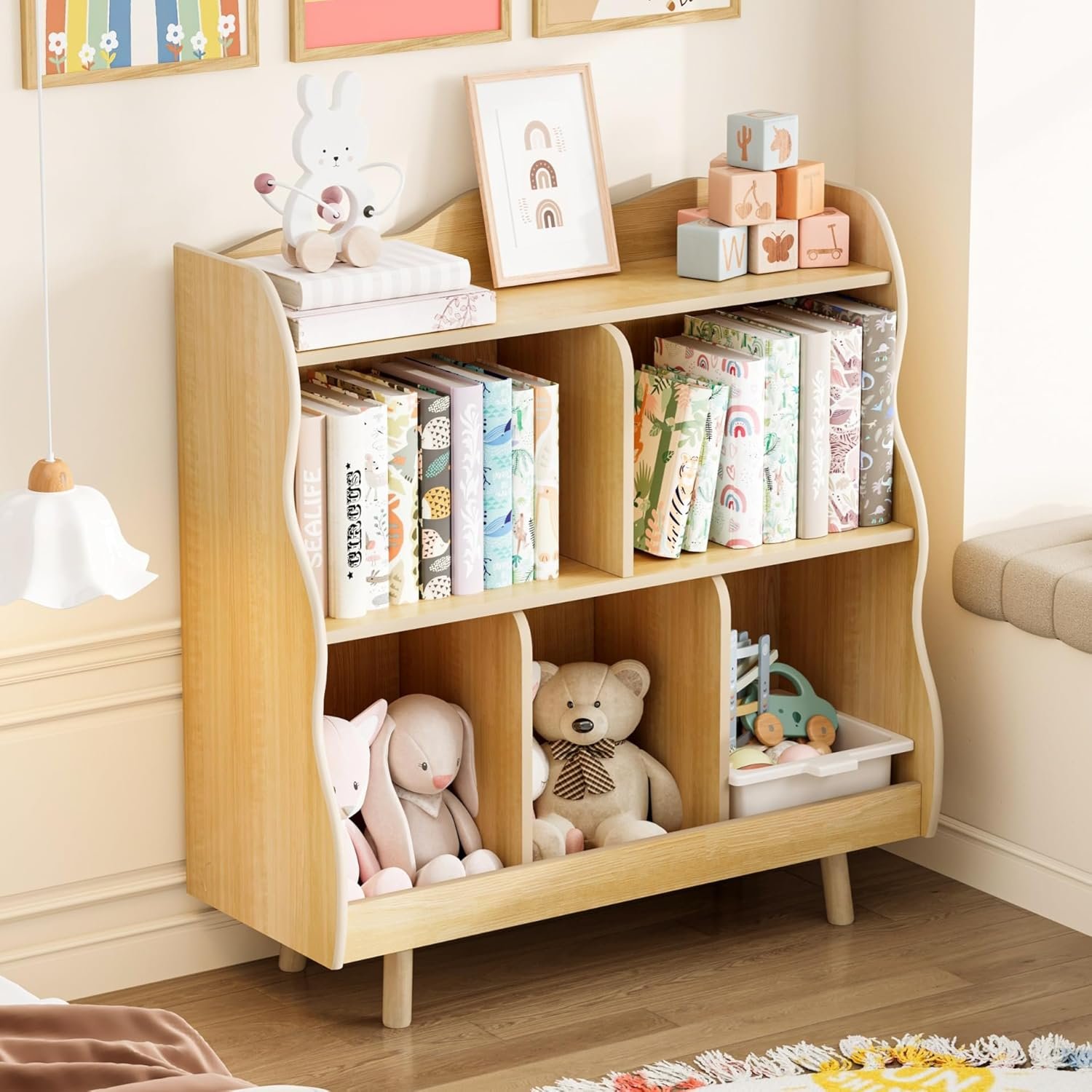 Treocho Kids Bookshelf and Toy Storage Orangizer, 3-Tier Wooden Children’s Bookcase with Curve Design, 5 Toy Storage Cabinet Display with Legs for Children’s Room, Playroom, School, Natural