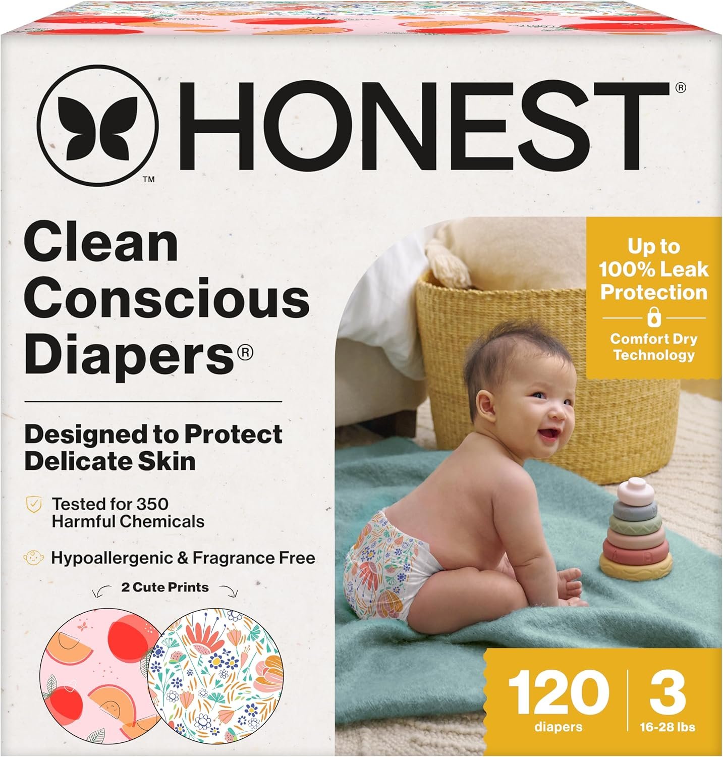 The Honest Company Comfort Dry Disposable Daytime Diapers, Hypoallergenic, Fragrance-Free, Sensitive Skin, Just Peachy + Flower Power, Super Club Box Size 3 (16–28 lbs), 120 Count