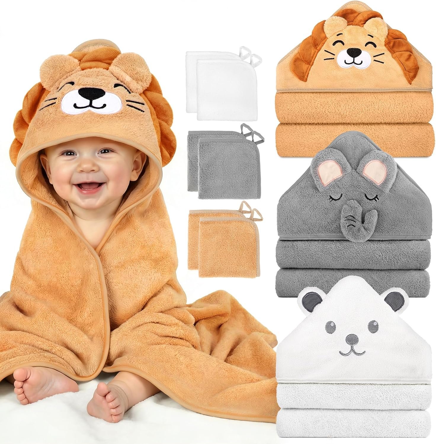 9 PCS Baby Bath Towels Set for Newborn Essentials (Lion, Bear, Elephant) | 3 PCS Animal Hooded Baby Towels & 6 PCS Washcloths Set, Ultra Absorbent Soft Cute Newborn Bath Essentials for Boys & Girls