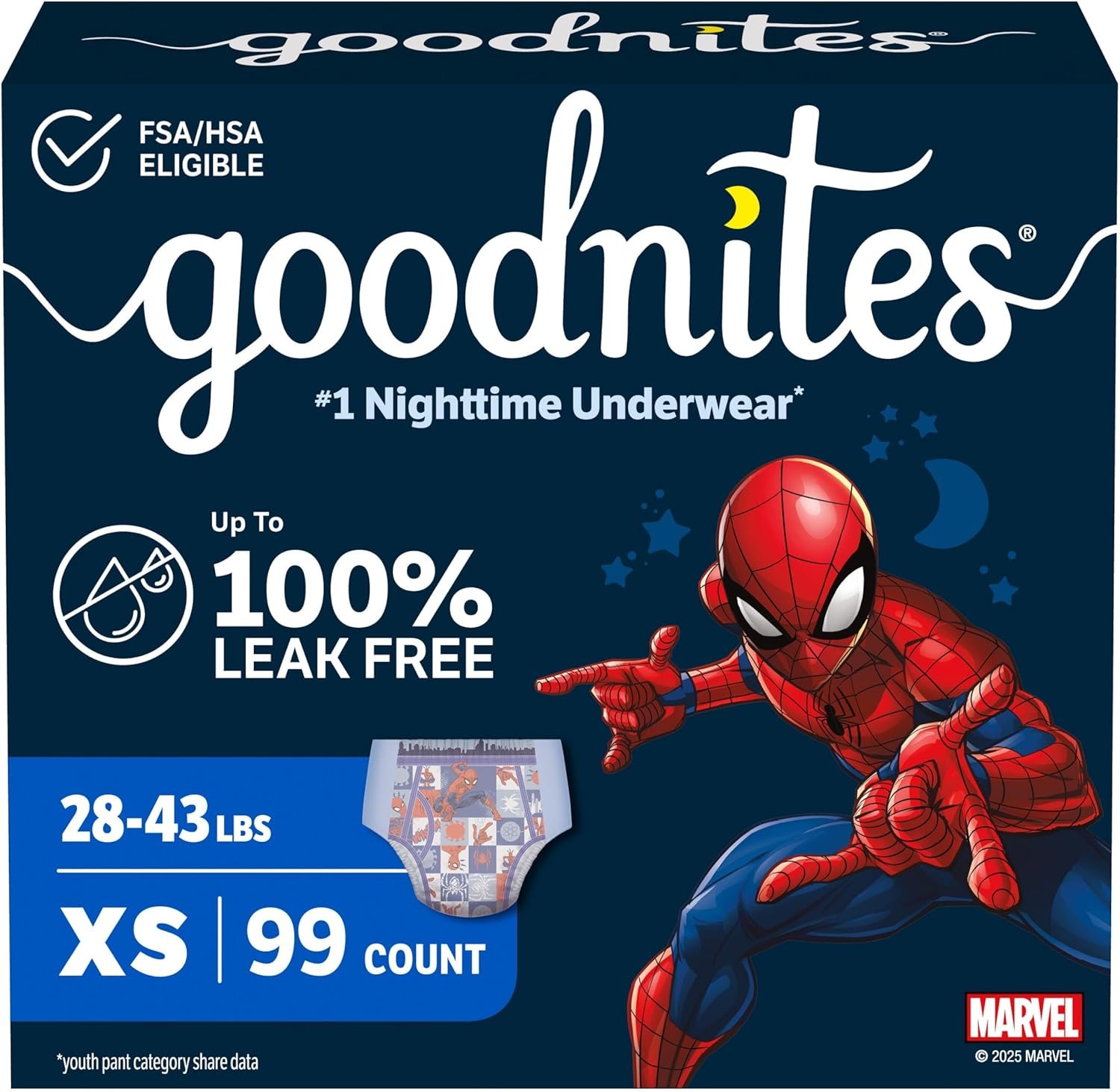 Goodnites Nighttime Bedwetting Underwear, Boys’ XS (28-43 lb.), 99 Ct (3 Packs of 33), Packaging May Vary