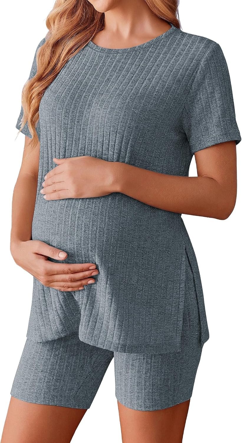 Ekouaer Maternity Sets 2 Piece Outfits Ribbed Knit Short Sleeve Shirts and Biker Shorts Pregnancy Loungewear Mama Clothes