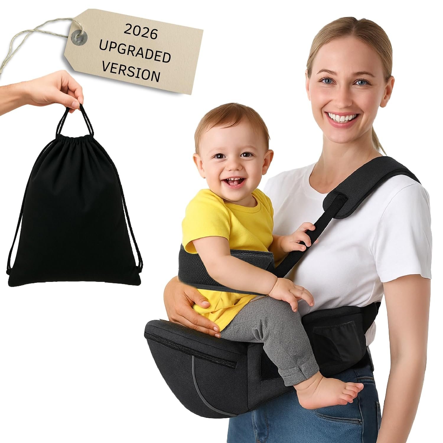 Baby Carrier with Hip Seat (Upgraded Version) – Adjustable Waistband, Safety Harness & Storage Pockets – Detachable Shoulder Strap – Foldable Design for Newborns & Toddlers