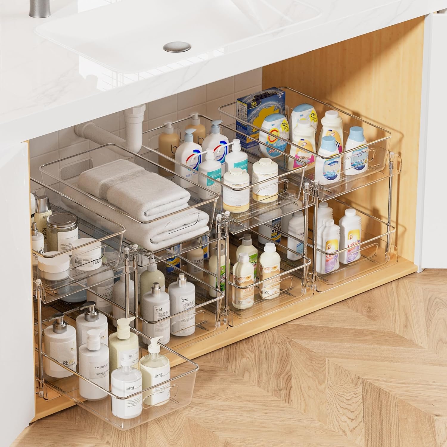 Vtopmart 4 Pack Bathroom Under Sink Organizers Organizer, 2 Tier Clear Pull-Out Organization (S-Standard)