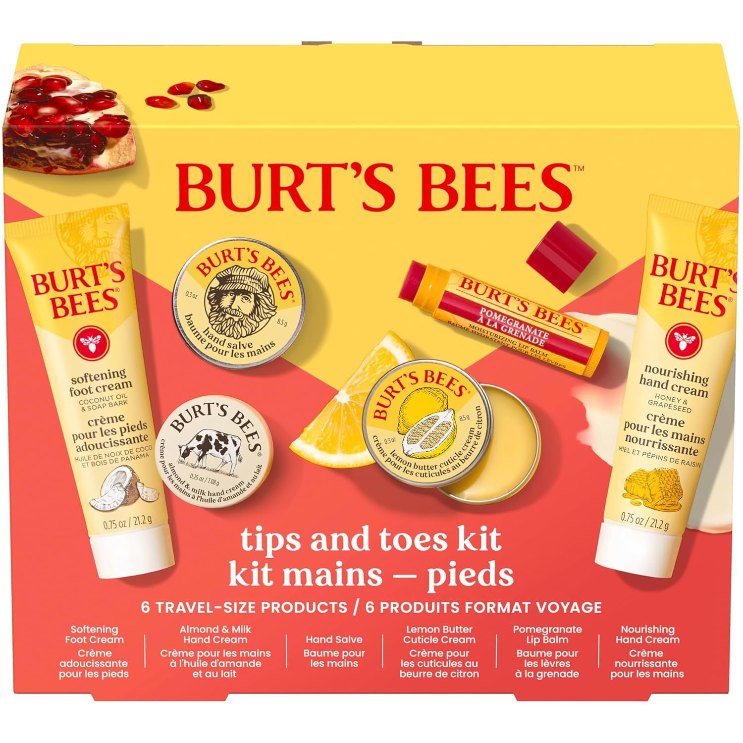 Burt’s Bees Gifts Ideas, Tips and Toes Kit, 6 Travel Size Products – Pomegranate Moisturizing Lip Balm, 2 Hand Creams, Foot Cream, Cuticle Cream, and Hand Salve