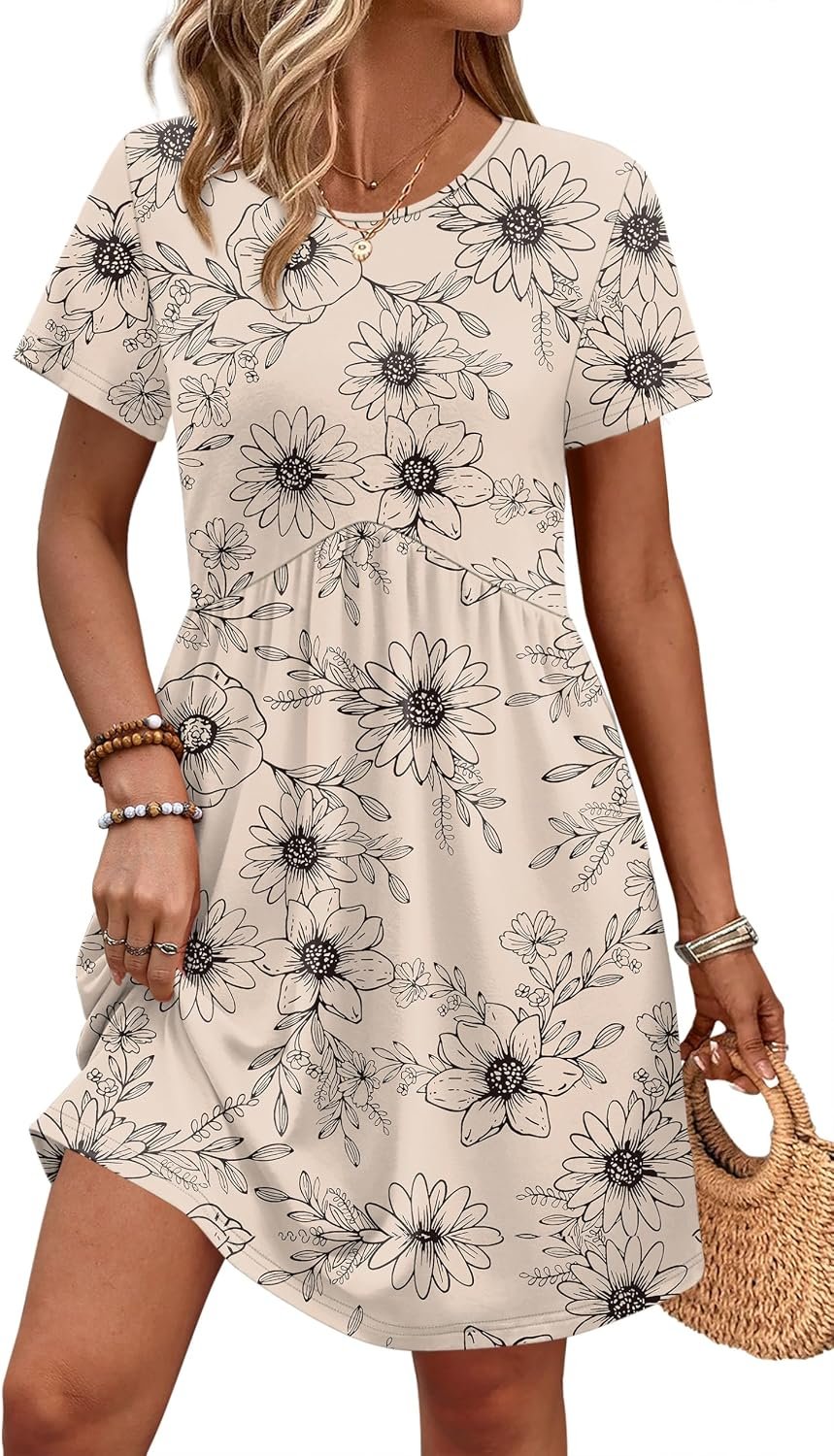 OFEEFAN Spring Dresses for Women 2026 Short Sleeve Crew Neck Casual Dresses Empire Waist Maternity Dress with Pockets