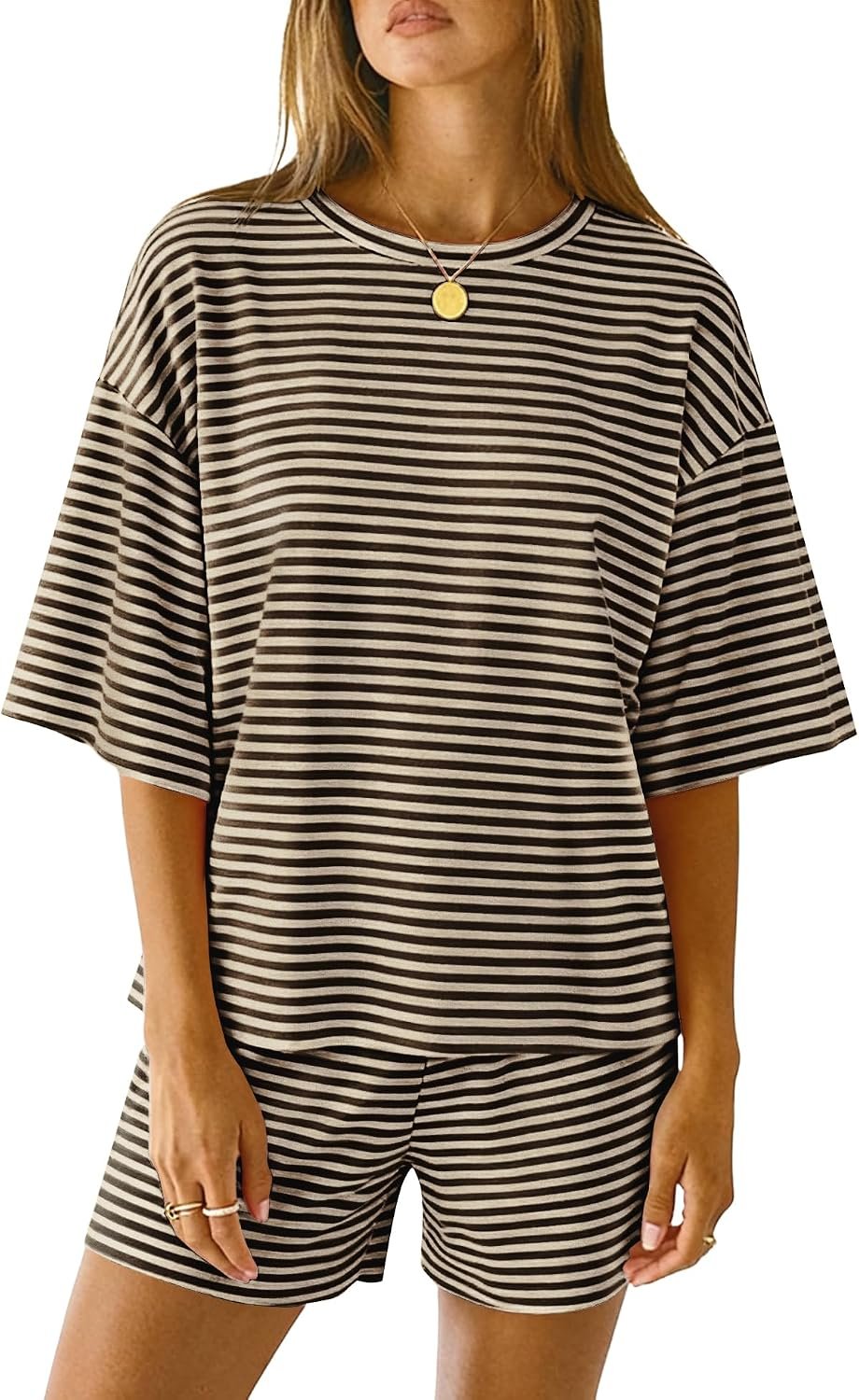 LOMON Two Piece Sets for Women Summer 3/4 Sleeve Tops and Elastic Waist Shorts Pajamas Cute Comfy Soft Lounge Striped Pjs