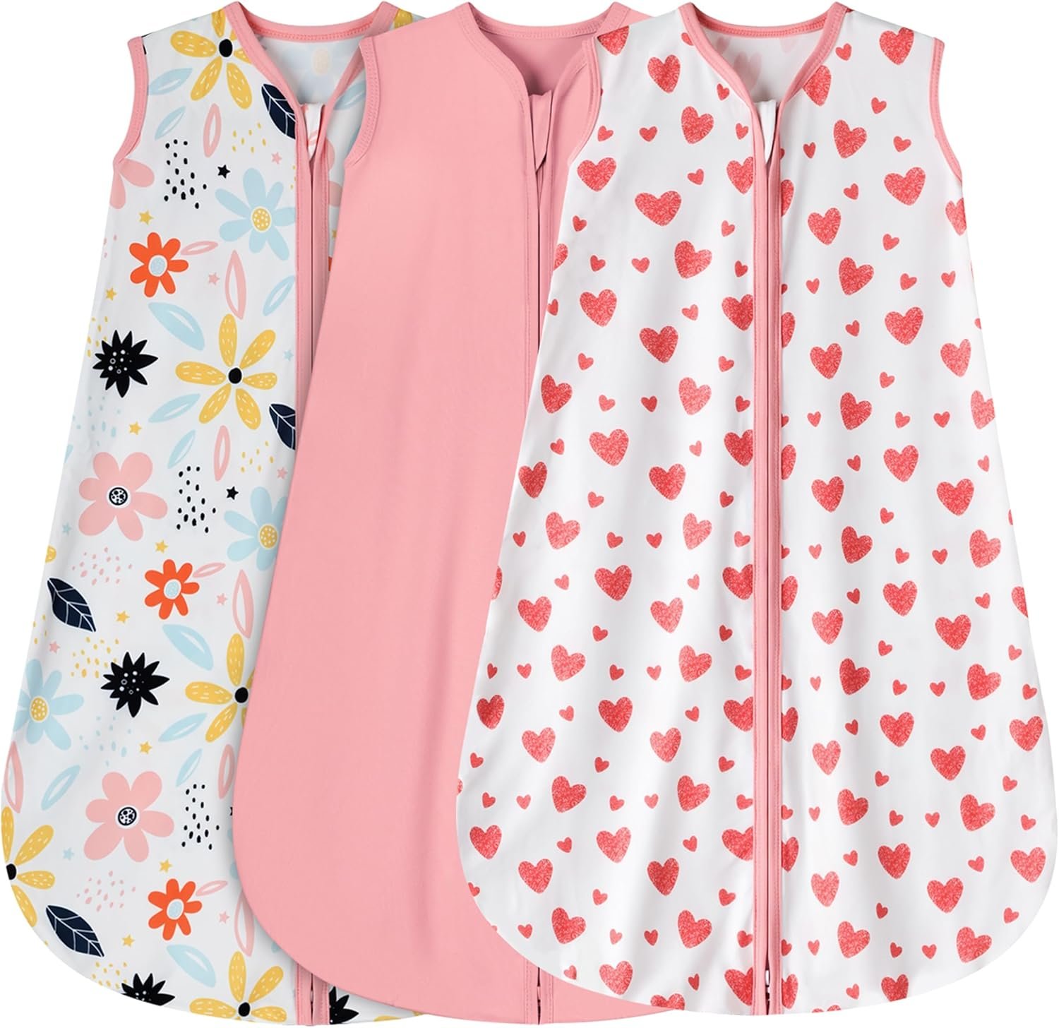 BSTOPPT 3 Pack Baby Sleep Sack 0-6 Months 100% Rayon Cotton Baby Sleeping Bag 2-Way Zipper Toddler Wearable Blankets Comfy Stretchy Lightweight TOG 0.3 （Heart&Pink&Floral）