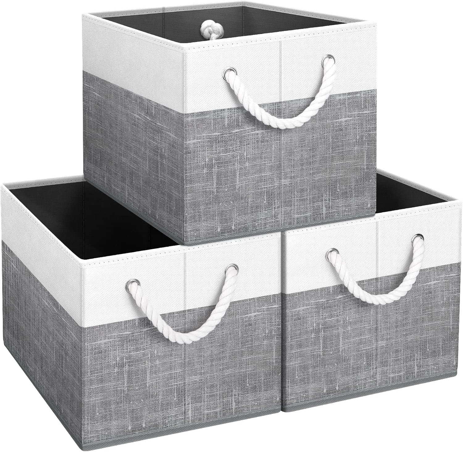 Fab totes Storage Bins 3-Pack, Foldable Storage Baskets for Organizing Toys, Books, Shelves, Closet, Large Storage Box with Rope Handles, Sturdy Organizer Bins, White & Grey