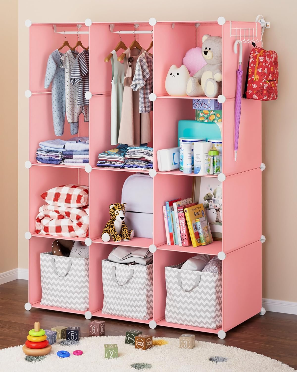 CUBEDIY Baby Closet Organizer for Nursery – Durable Baby Wardrobe Armoire for Closet – Customizable Dresser Shelves – Waterproof Shelf Clothes Organizer w/Wall Fixation (Pink)