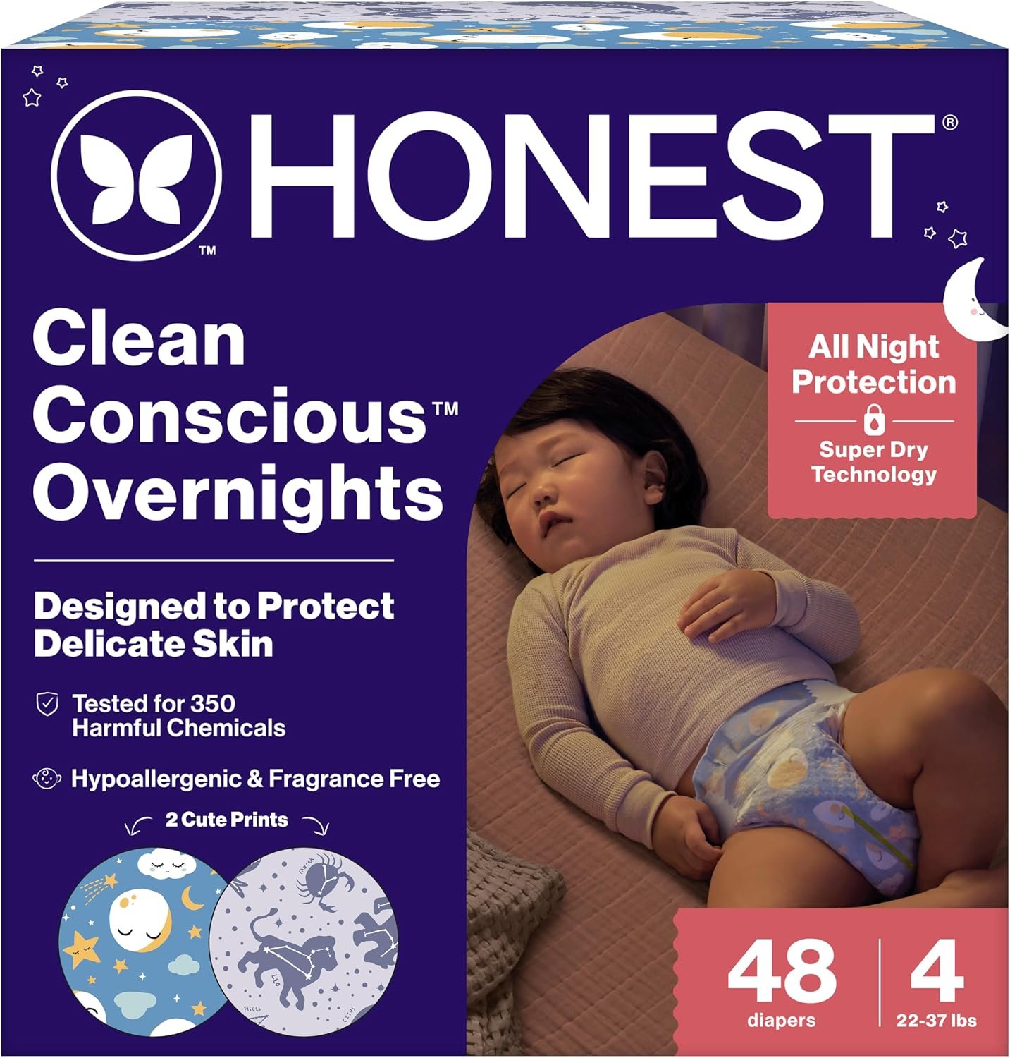The Honest Company Comfort Dry Overnight Diapers, Up to 12 Hours Protection, Hypoallergenic, Cozy Cloud + Star Signs, Club Box Size 4 (22–37 lbs), 48 Count