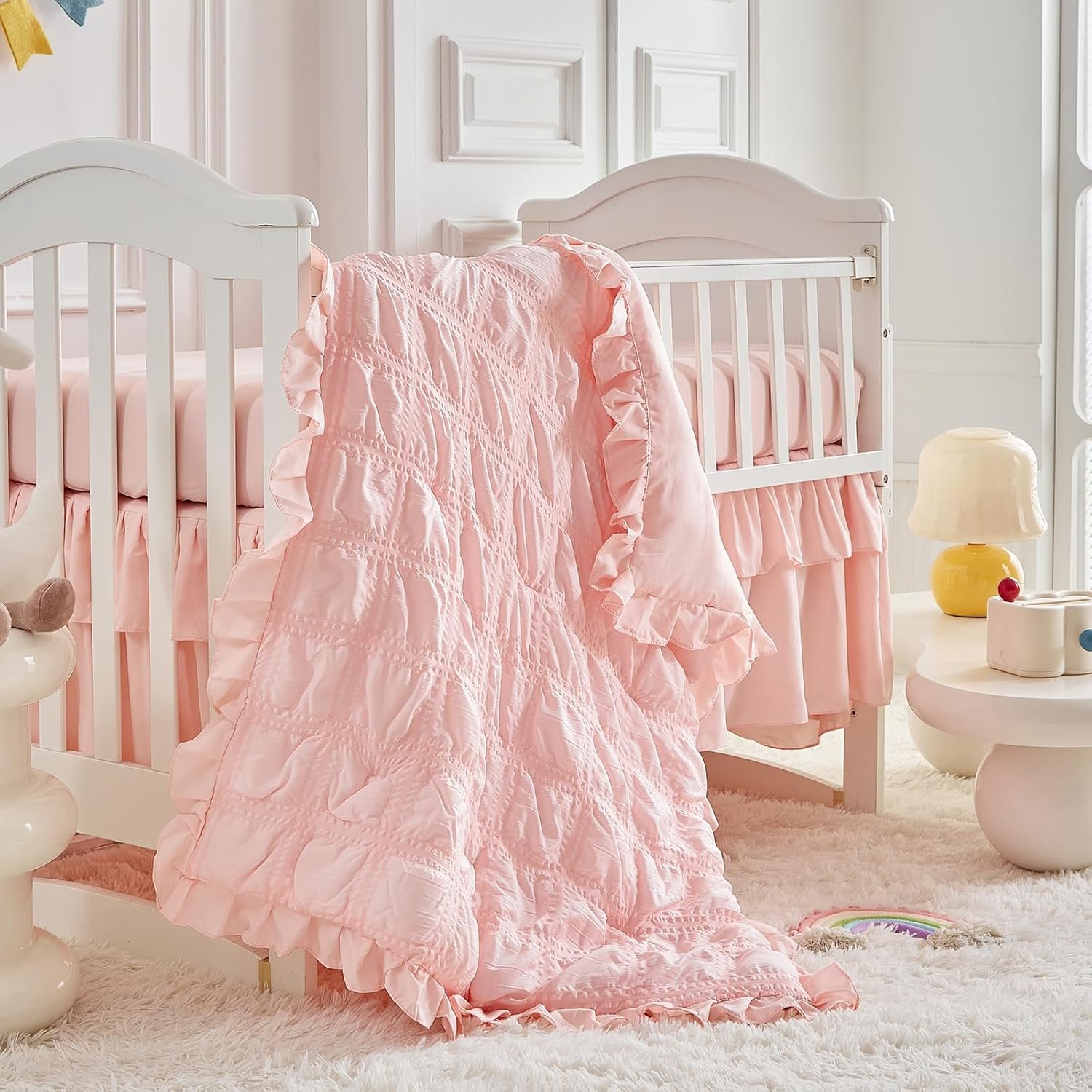 Ruffled Crib Bedding Set Baby Boho Quilted Comforter with Fitted Sheet and Bed Skirt – Cute Soft Breathable Seersucker Ruffled Shabby Chic Bedding Soft Blanket Design – Pink