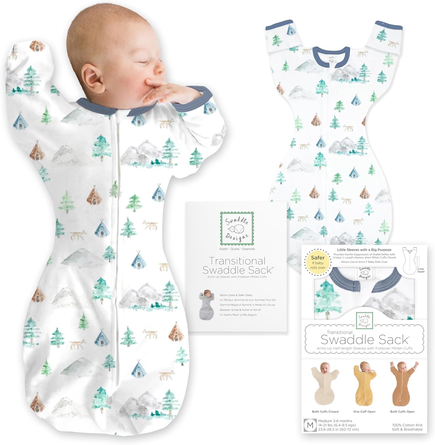 SwaddleDesigns Transitional Swaddle Sack, Arms Up Half-Length Sleeve Mitten Cuff, Most Gradual Transition Swaddle for Newborn