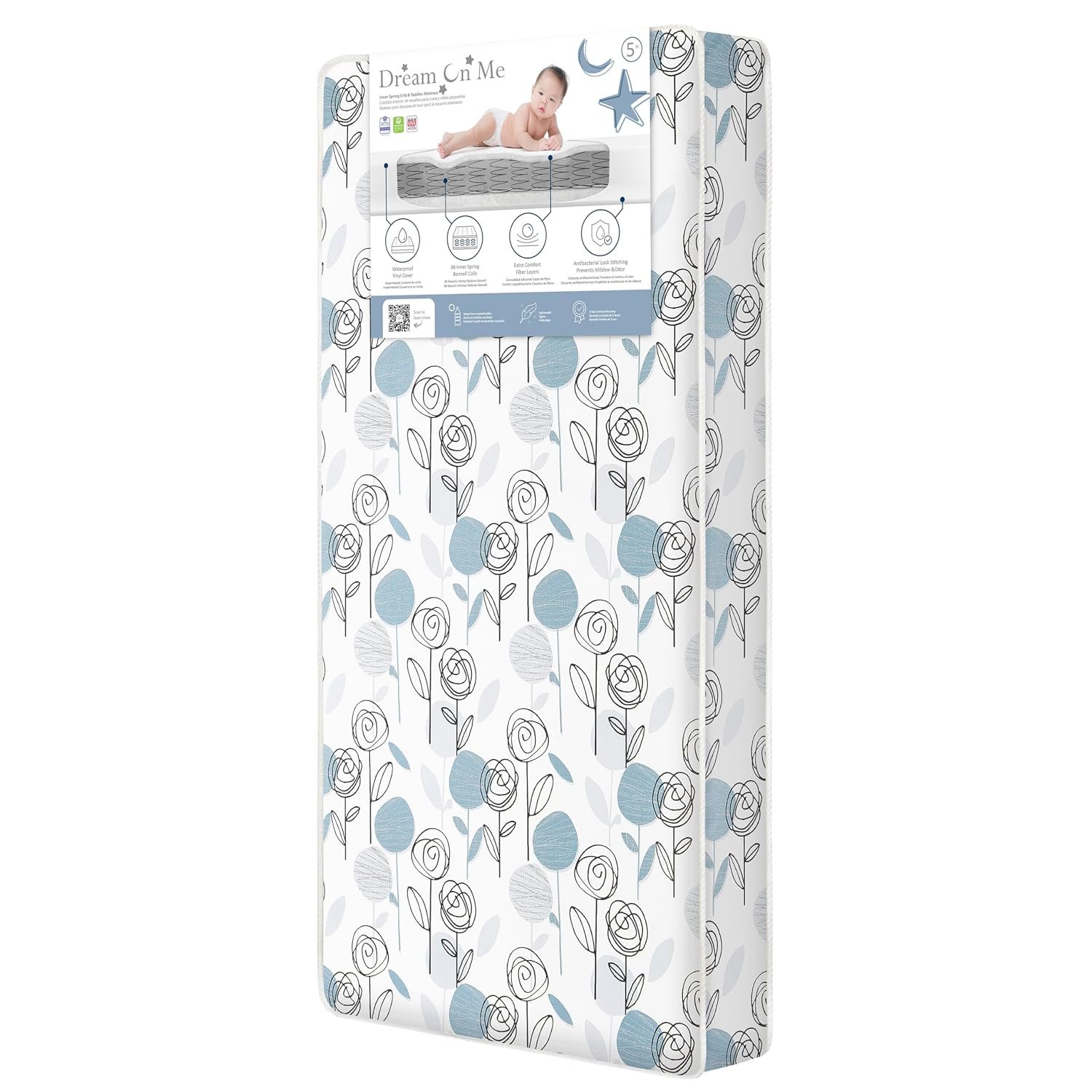Dream On Me Nap Nest Crib and Toddler Mattress, Dual-Sided – Infants & Toddlers, Waterproof 5” Mattress with 88 Interwoven Coils, 75% Recycled Fiber, GREENGUARD Gold & BSA Certified – Teal Flowers
