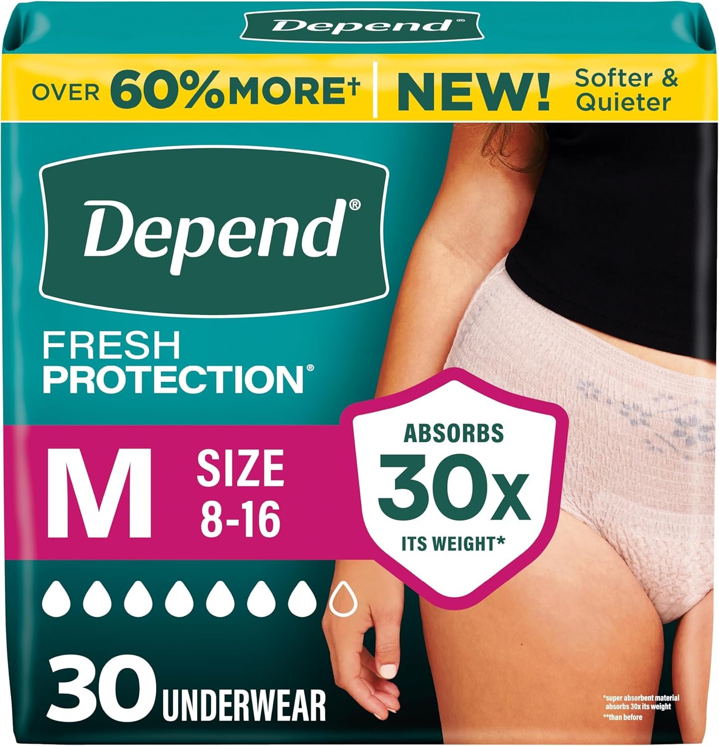 Depend Fresh Protection Adult Diapers, Incontinence Underwear for Women, Disposable, Maximum, Medium, Blush, 30 Count, Packaging May Vary