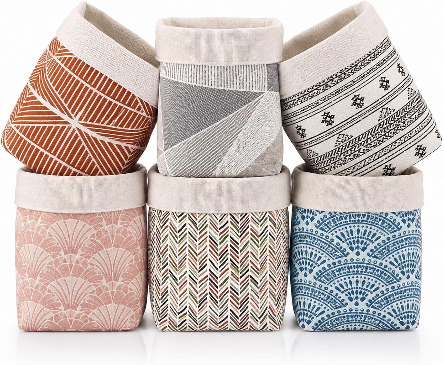 Novabright 6 Pack Mini Canvas Storage Basket Boho Ethnic Cylinder Linen Canvas Fabric Reversible Storage Organizer Bin Vintage Home Decoration for Vanity Desk Shelves Nursery Bedside Table
