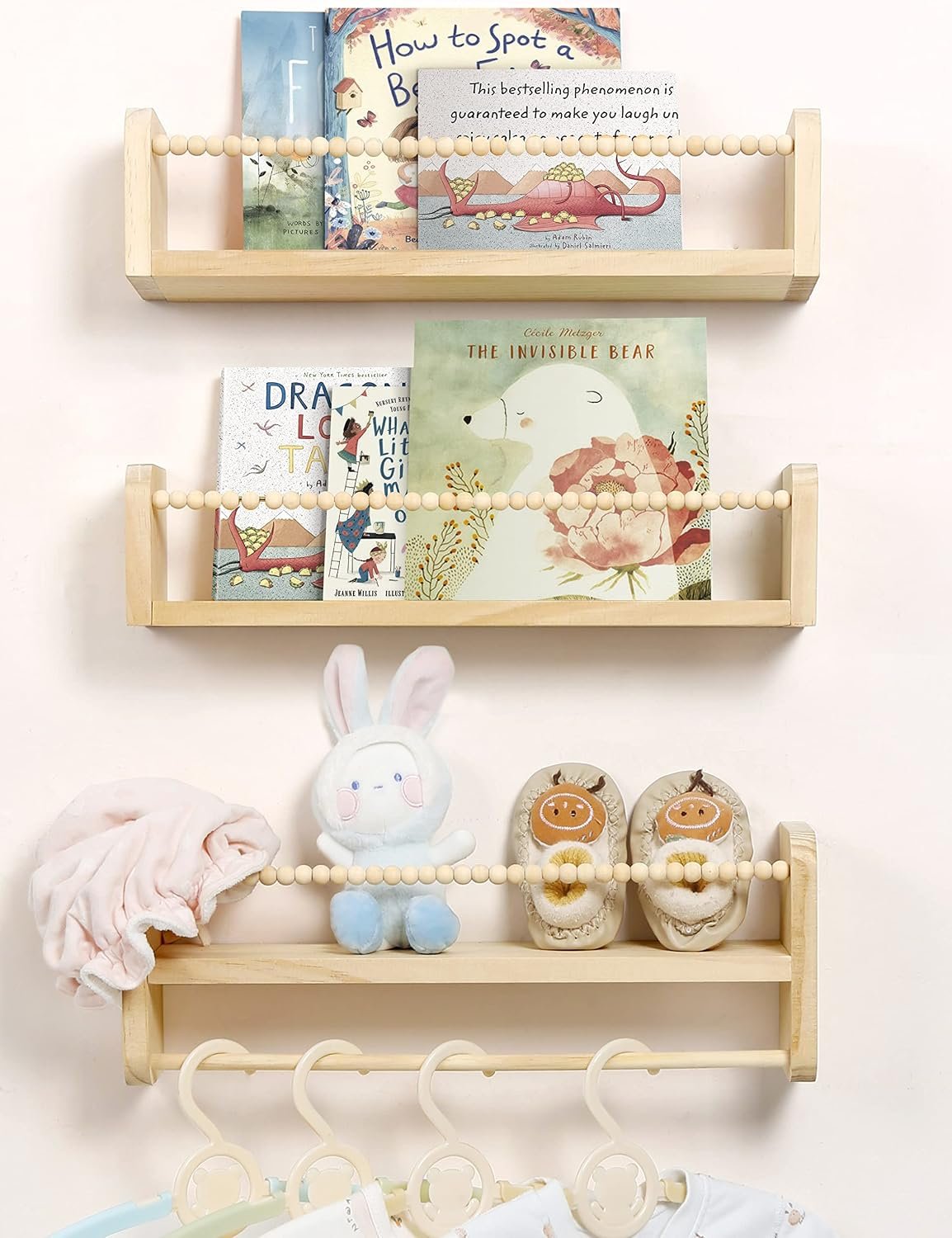 Maxpeuvon Nursery Floating Shelves for Wall, Set of 3 Book Shelves Natural Wood Wall Mounted Organizer with Towel Bar Hanging Bookshelves Nursery Decor for Kids Room, Bedroom and Kitchen