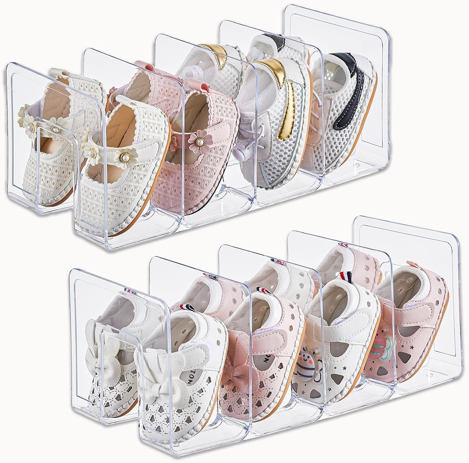 UFORU Clear Acrylic Kids Shoe Rack for Closet Organizers and Storage | 2 Pack Small Shoe Rack 4 Sections Toddler Baby Shoe Storage Organizer Stackable Shoe Shelf, Desk File Sorter Book Purse Organizer