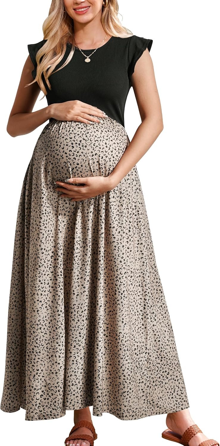 OUGES Women’s Maternity Dress Summer Ruffle Sleeve Patchwork Casual Flowy Maxi Dresses with Pockets
