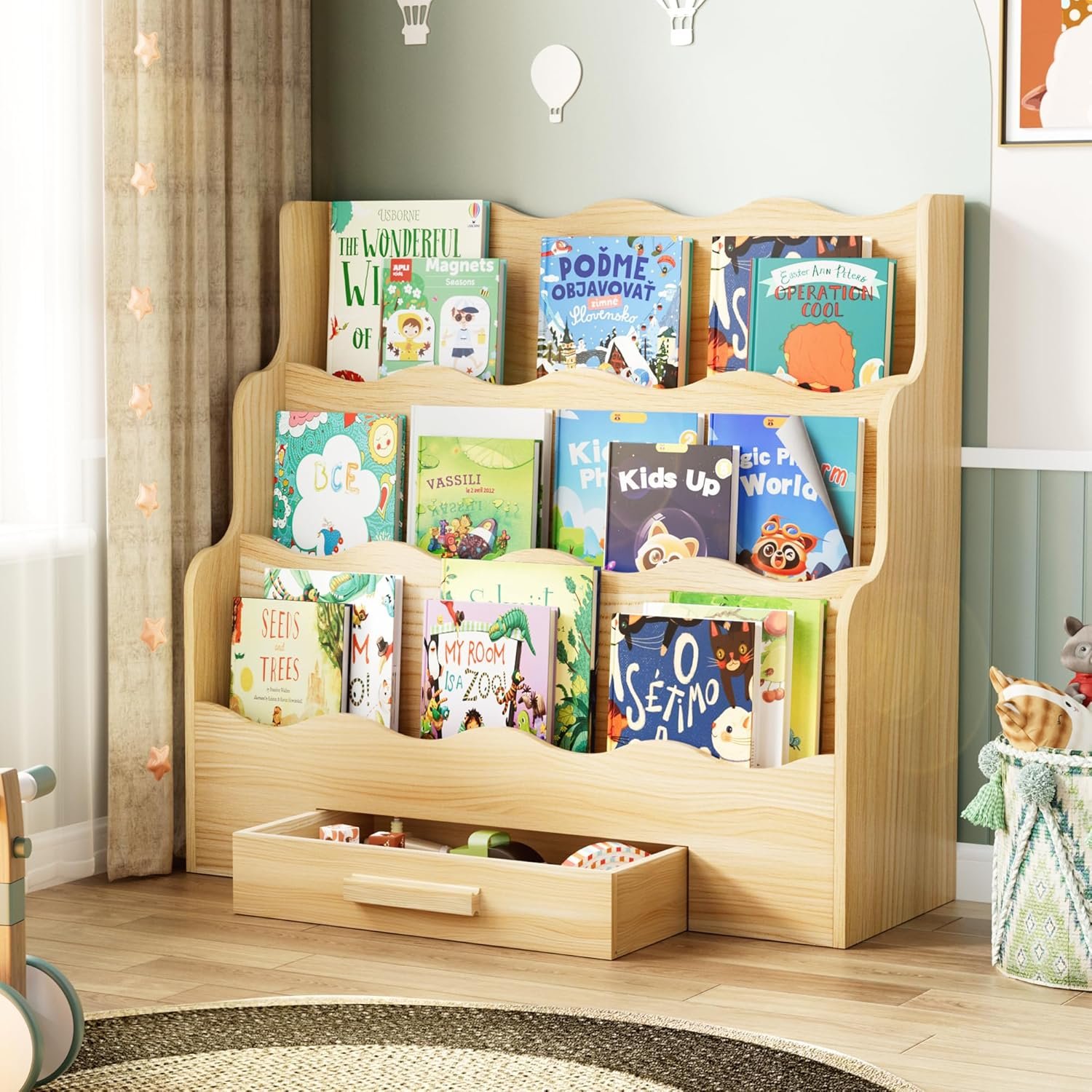 3-Tier Montessori Scalloped Kids Bookshelf, 29.6″ Wide Natural Wood Forward Facing Bookcase for Toddlers, Children’s Book Display and Organizer for Playroom, Nursery, Bedroom or Classroom