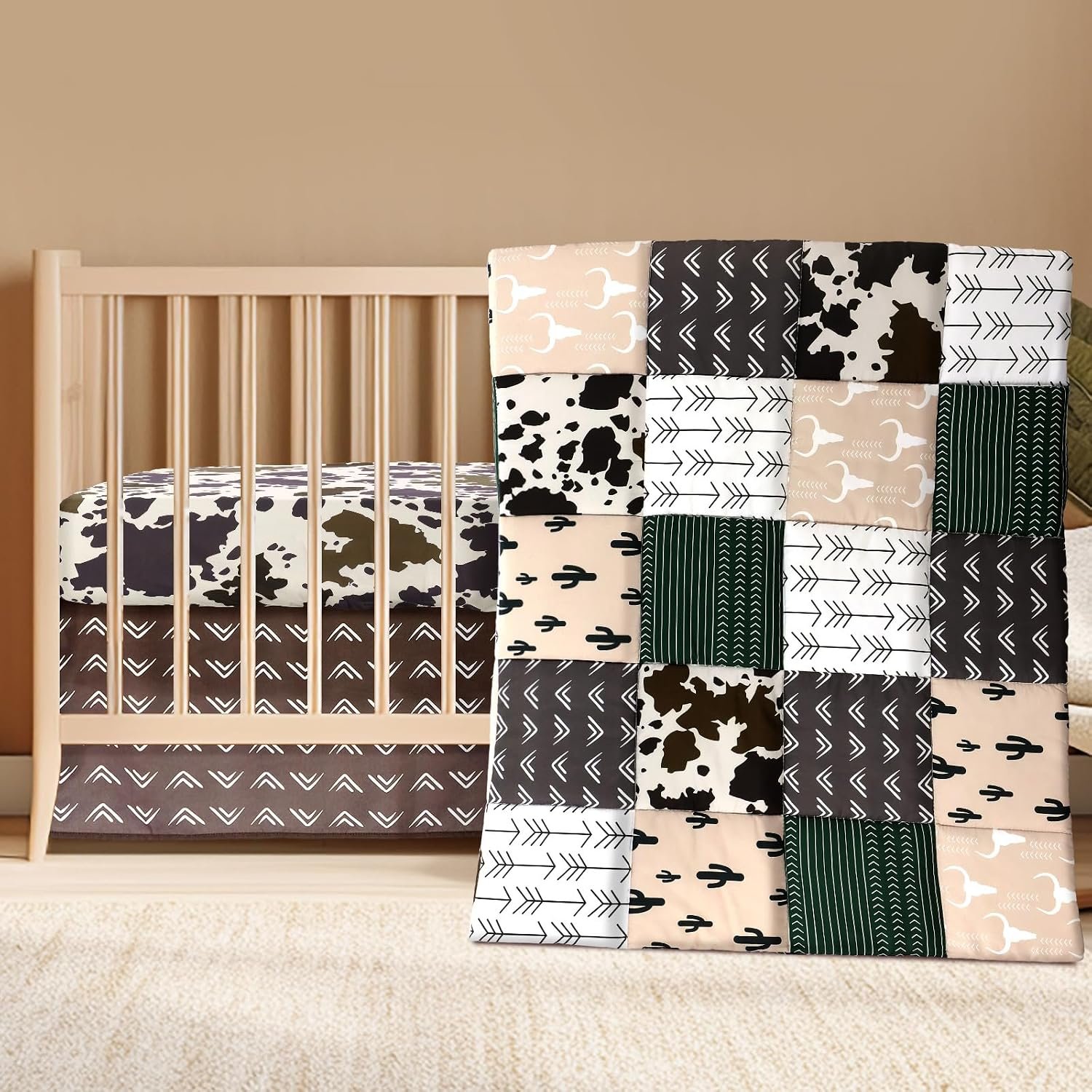 Hahafelt 3 Piece Patchwork Western Crib Bedding Set for Boys Girls Cow Cactus Print Baby Bedding Barnyard Western Nursery Decor Soft Baby Bed Set Includes Quilt Fitted Crib Sheet Bed Skirt(Cowboys)